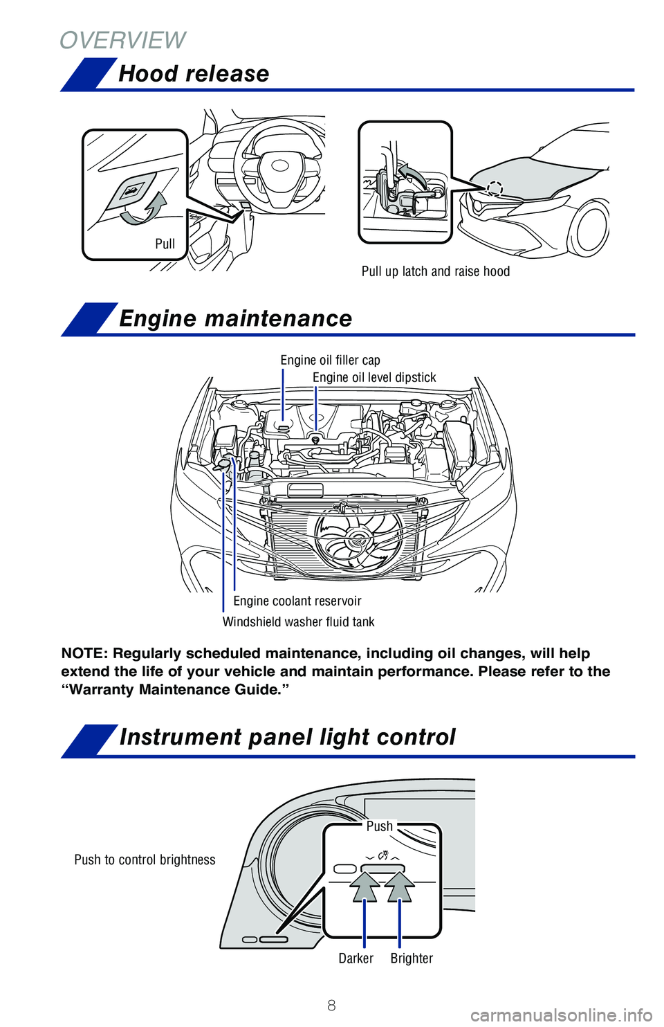 TOYOTA CAMRY HYBRID 2020  Owners Manual (in English) 8
OVERVIEWHood release
Engine maintenance
Instrument panel light control
Push to control brightness
Windshield washer fluid tank Engine oil level dipstick
Engine coolant reservoir
Engine oil filler ca