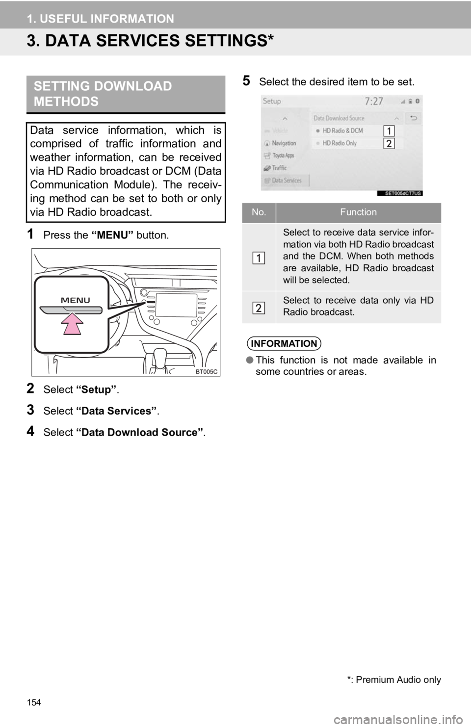 TOYOTA CAMRY HYBRID 2020  Accessories, Audio & Navigation (in English) 154
1. USEFUL INFORMATION
3. DATA SERVICES SETTINGS*
1Press the “MENU” button.
2Select “Setup” .
3Select “Data Services” .
4Select “Data Download Source” .
5Select the desired item to 