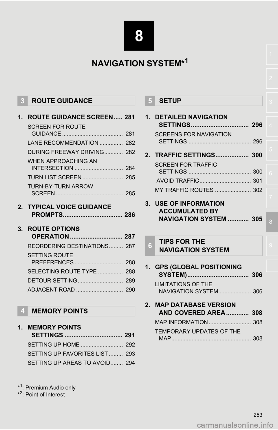 TOYOTA CAMRY HYBRID 2020  Accessories, Audio & Navigation (in English) 8
253
4
5
6
7
9
1
2
3
8
1. ROUTE GUIDANCE SCREEN ..... 281
SCREEN FOR ROUTE GUIDANCE .......................................  281
LANE RECOMMENDATION ...............  282
DURING FREEWAY DRIVING.......