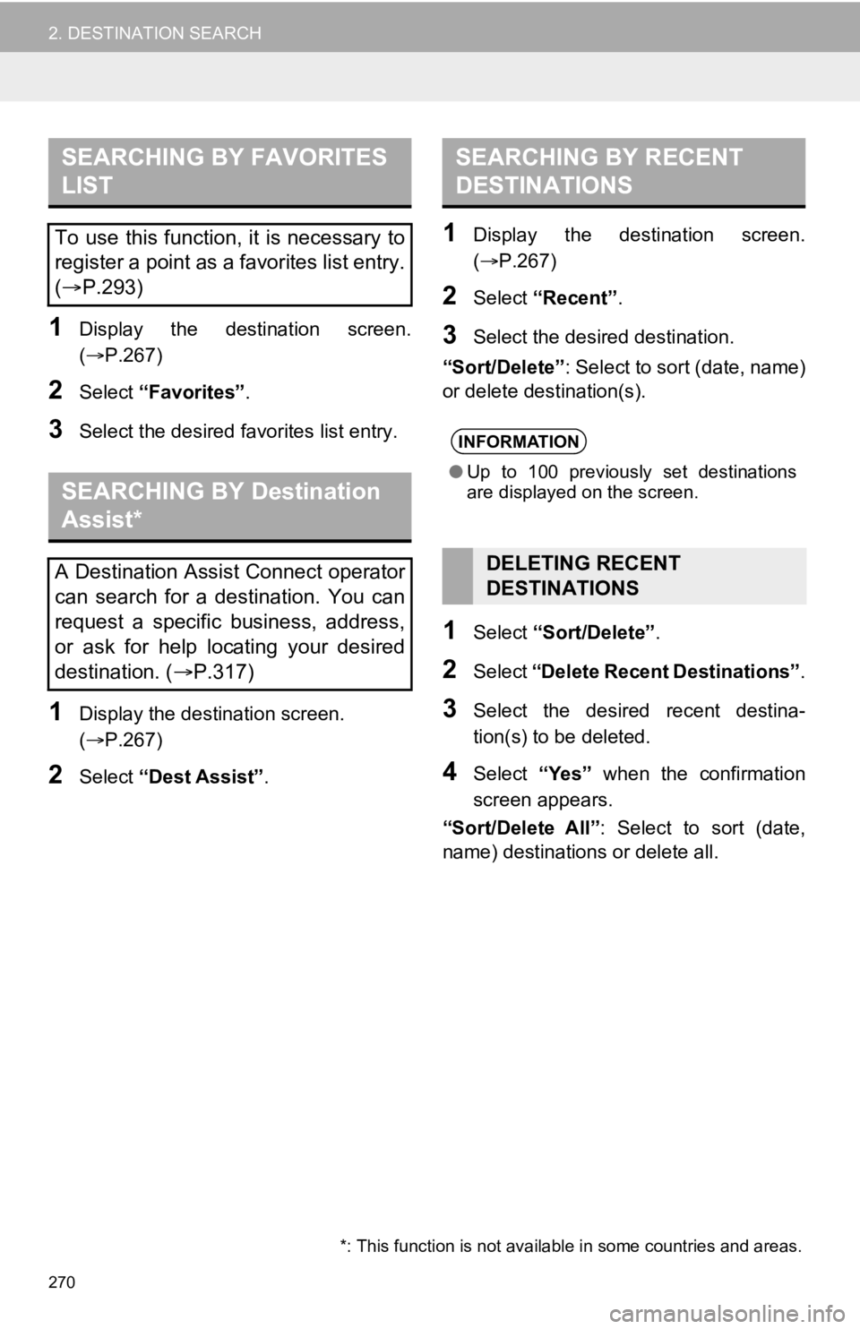 TOYOTA CAMRY HYBRID 2020 Accessories, Audio & Navigation (in English) 270
2. DESTINATION SEARCH
1Display the destination screen.
(P.267)
2Select “Favorites” .
3Select the desired favorites list entry.
1Display the destination screen.
(P.267)
2Select “Des TOYOTA CAMRY HYBRID 2020 Accessories, Audio & Navigation (in English) 270
2. DESTINATION SEARCH
1Display the destination screen.
(P.267)
2Select “Favorites” .
3Select the desired favorites list entry.
1Display the destination screen.
(P.267)
2Select “Des
