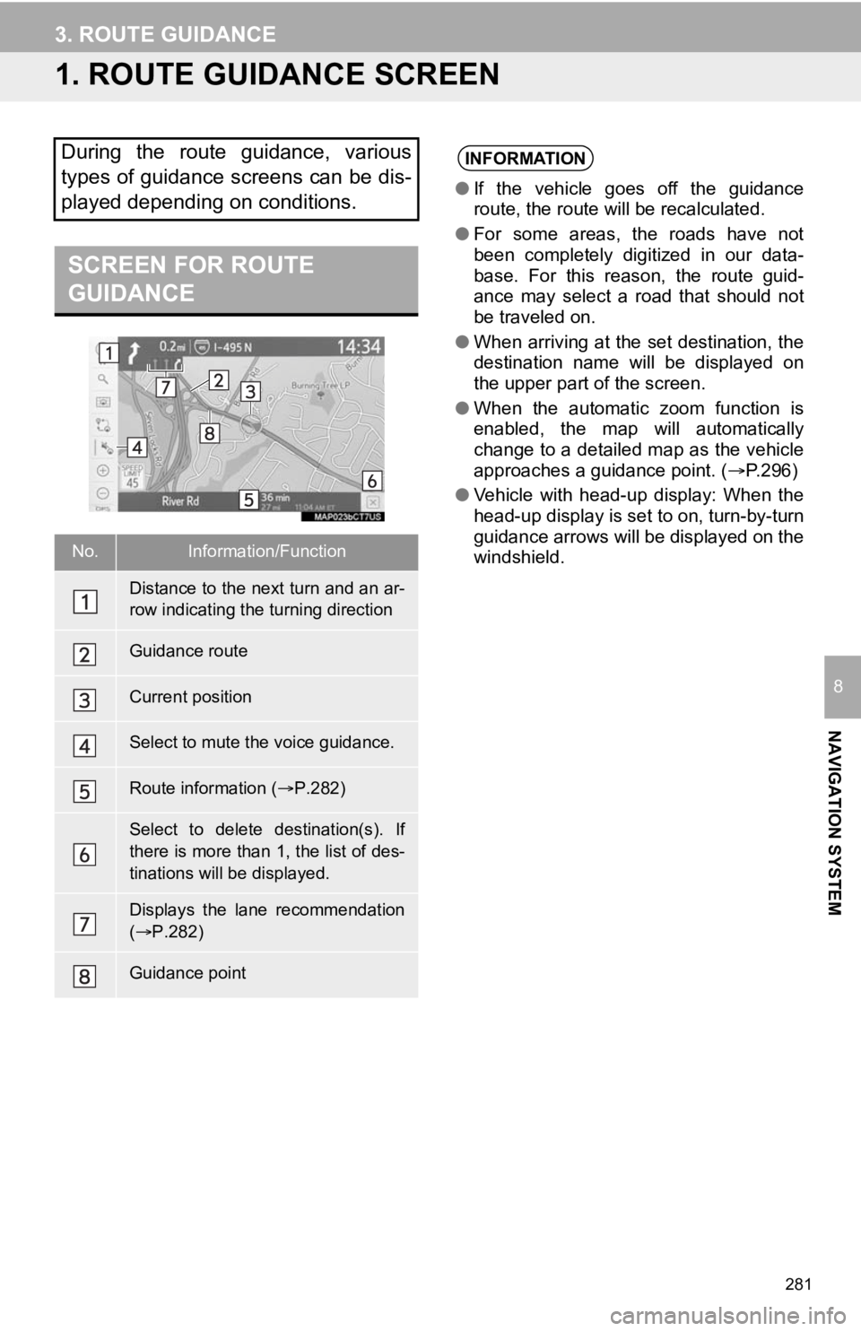 TOYOTA CAMRY HYBRID 2020 Accessories, Audio & Navigation (in English) 281
NAVIGATION SYSTEM
8
3. ROUTE GUIDANCE
1. ROUTE GUIDANCE SCREEN
During the route guidance, various
types of guidance screens can be dis-
played depending on conditions.
SCREEN FOR ROUTE
GUIDAN TOYOTA CAMRY HYBRID 2020 Accessories, Audio & Navigation (in English) 281
NAVIGATION SYSTEM
8
3. ROUTE GUIDANCE
1. ROUTE GUIDANCE SCREEN
During the route guidance, various
types of guidance screens can be dis-
played depending on conditions.
SCREEN FOR ROUTE
GUIDAN