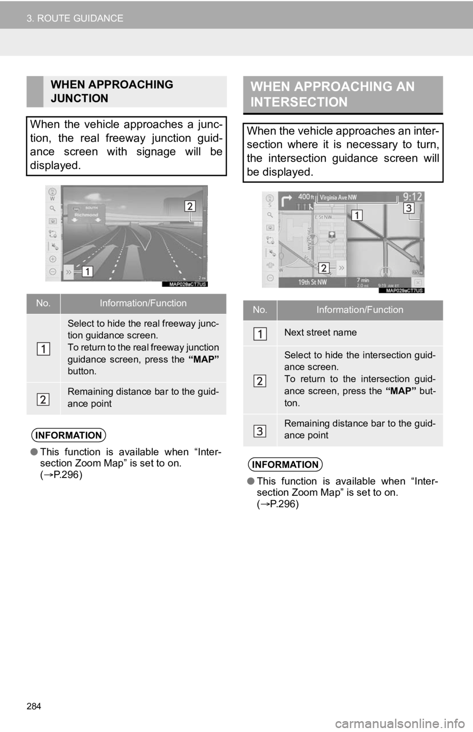 TOYOTA CAMRY HYBRID 2020 Accessories, Audio & Navigation (in English) 284
3. ROUTE GUIDANCE
WHEN APPROACHING
JUNCTION
When the vehicle approaches a junc-
tion, the real freeway junction guid-
ance screen with signage will be
displayed.
No.Information/Fun TOYOTA CAMRY HYBRID 2020 Accessories, Audio & Navigation (in English) 284
3. ROUTE GUIDANCE
WHEN APPROACHING
JUNCTION
When the vehicle approaches a junc-
tion, the real freeway junction guid-
ance screen with signage will be
displayed.
No.Information/Fun
