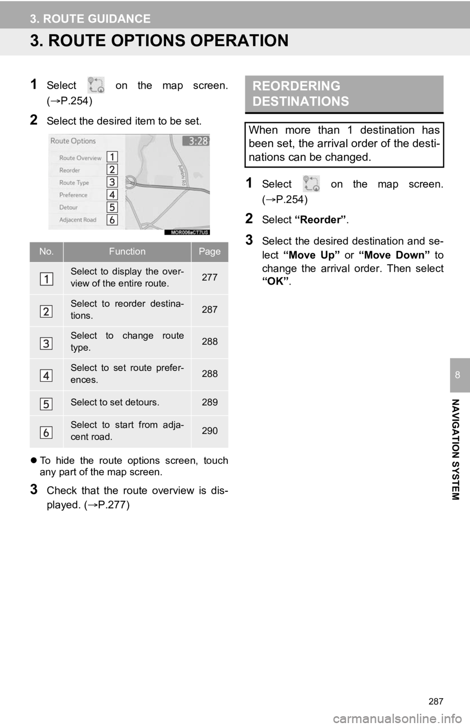 TOYOTA CAMRY HYBRID 2020 Accessories, Audio & Navigation (in English) 287
3. ROUTE GUIDANCE
NAVIGATION SYSTEM
8
3. ROUTE OPTIONS OPERATION
1Select on the map screen.
(P.254)
2Select the desired item to be set.
To hide the route options screen, touch
an TOYOTA CAMRY HYBRID 2020 Accessories, Audio & Navigation (in English) 287
3. ROUTE GUIDANCE
NAVIGATION SYSTEM
8
3. ROUTE OPTIONS OPERATION
1Select on the map screen.
(P.254)
2Select the desired item to be set.
To hide the route options screen, touch
an