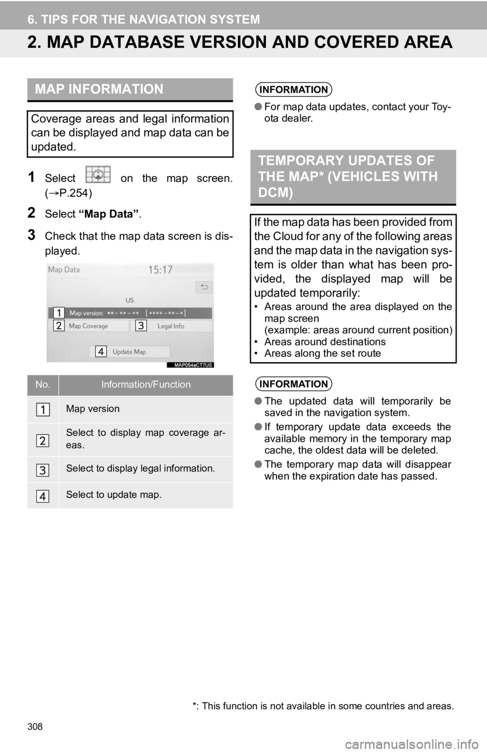 TOYOTA CAMRY HYBRID 2020 Accessories, Audio & Navigation (in English) 308
6. TIPS FOR THE NAVIGATION SYSTEM
2. MAP DATABASE VERSI ON AND COVERED AREA
1Select on the map screen.
(P.254)
2Select “Map Data” .
3Check that the map data screen is dis-
played.
MAP TOYOTA CAMRY HYBRID 2020 Accessories, Audio & Navigation (in English) 308
6. TIPS FOR THE NAVIGATION SYSTEM
2. MAP DATABASE VERSI ON AND COVERED AREA
1Select on the map screen.
(P.254)
2Select “Map Data” .
3Check that the map data screen is dis-
played.
MAP