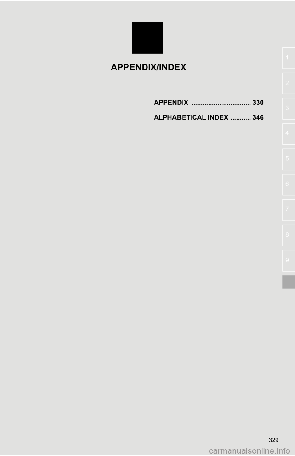 TOYOTA CAMRY HYBRID 2020 Accessories, Audio & Navigation (in English) 329
4
5
6
7
8
9
1
2
3APPENDIX ................................ 330
ALPHABETICAL INDEX ........... 346
APPENDIX/INDEX TOYOTA CAMRY HYBRID 2020 Accessories, Audio & Navigation (in English) 329
4
5
6
7
8
9
1
2
3APPENDIX ................................ 330
ALPHABETICAL INDEX ........... 346
APPENDIX/INDEX