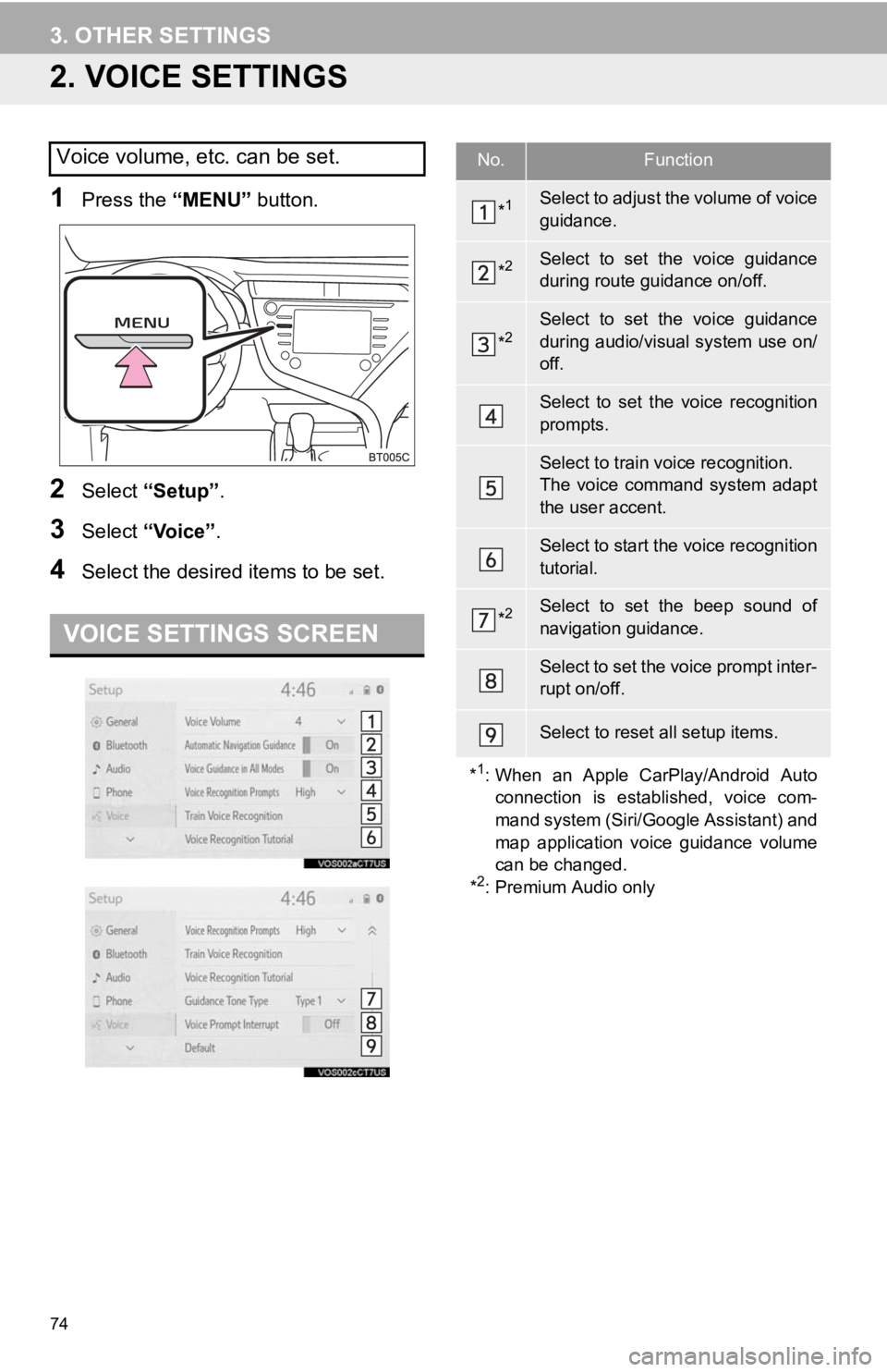 TOYOTA CAMRY HYBRID 2020  Accessories, Audio & Navigation (in English) 74
3. OTHER SETTINGS
2. VOICE SETTINGS
1Press the “MENU” button.
2Select “Setup” .
3Select “Voice” .
4Select the desired items to be set.
Voice volume, etc. can be set.
VOICE SETTINGS SCRE