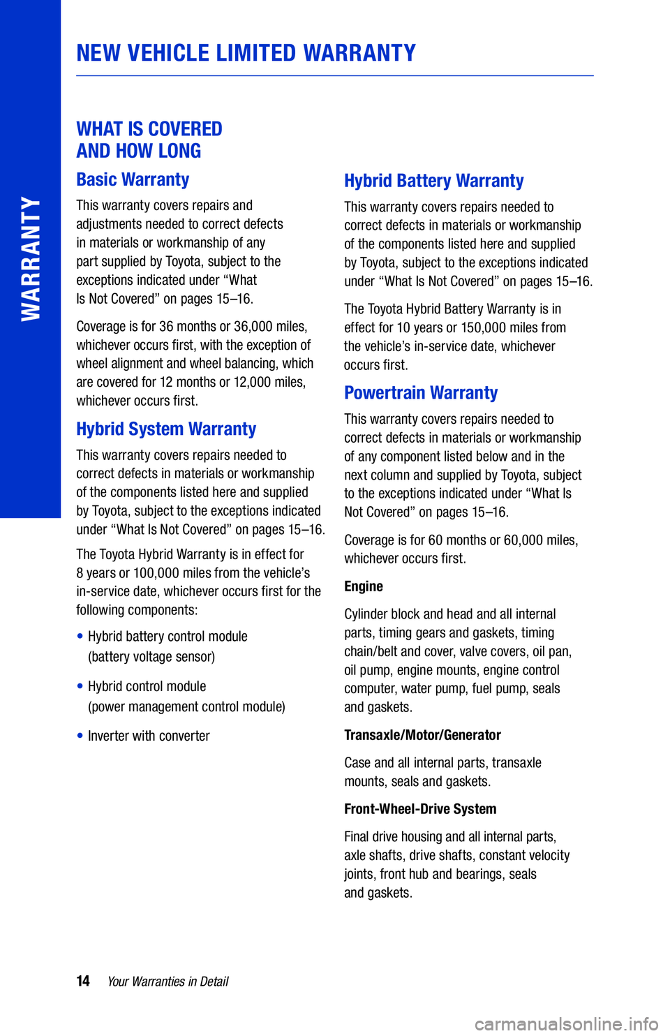 TOYOTA CAMRY HYBRID 2020  Warranties & Maintenance Guides (in English) 14Your Warranties in Detail
WARRANTY
NEW VEHICLE LIMITED WARRANTY
 
WHAT IS COVERED  
AND HOW LONG
Basic Warranty
This warranty covers repairs and   
adjustments needed to correct defects   
in materi