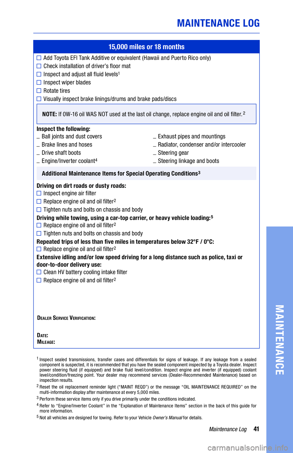 TOYOTA CAMRY HYBRID 2020  Warranties & Maintenance Guides (in English) 41Maintenance Log
MAINTENANCE LOG
MAINTENANCE
15,000 miles or 18 months
Add Toyota EFI Tank Additive or equivalent (Hawaii and Puerto Rico only) 
Check installation of driver’s floor mat
Inspect and