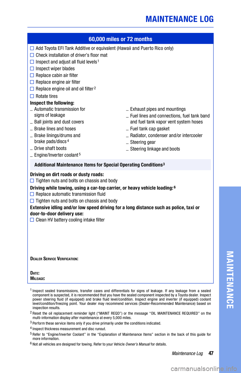 TOYOTA CAMRY HYBRID 2020  Warranties & Maintenance Guides (in English) 47Maintenance Log
MAINTENANCE LOG
MAINTENANCE
60,000 miles or 72 months
Add Toyota EFI Tank Additive or equivalent (Hawaii and Puerto Rico only) 
Check installation of driver’s floor mat
Inspect and
