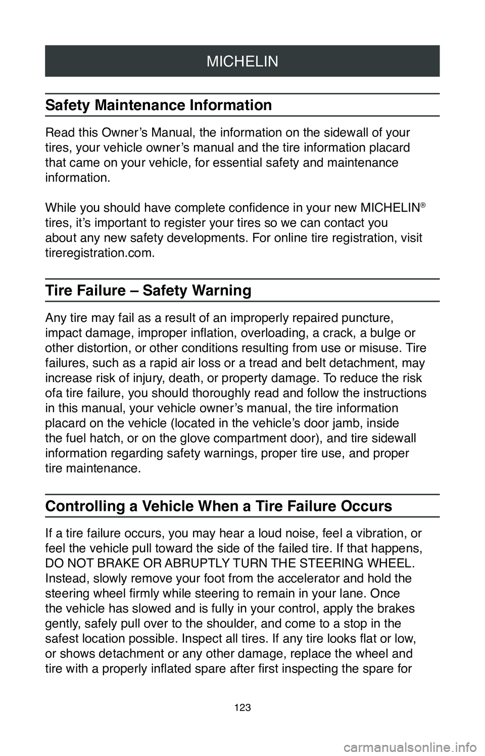 TOYOTA CAMRY HYBRID 2020  Warranties & Maintenance Guides (in English) MICHELIN
123
Safety Maintenance Information
Read this Owner’s Manual, the information on the sidewall of your 
tires, your vehicle owner’s manual and the tire information placard 
that came on you