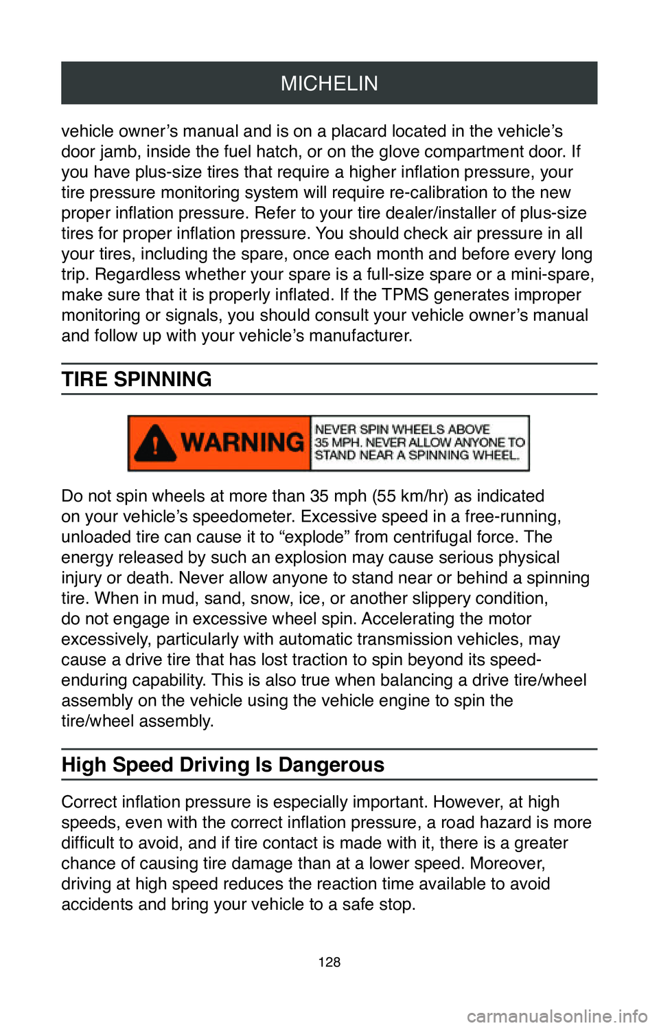 TOYOTA CAMRY HYBRID 2020  Warranties & Maintenance Guides (in English) MICHELIN
128
vehicle owner’s manual and is on a placard located in the vehicle’s 
door jamb, inside the fuel hatch, or on the glove compartment door. If 
you have plus-size tires that require a hi