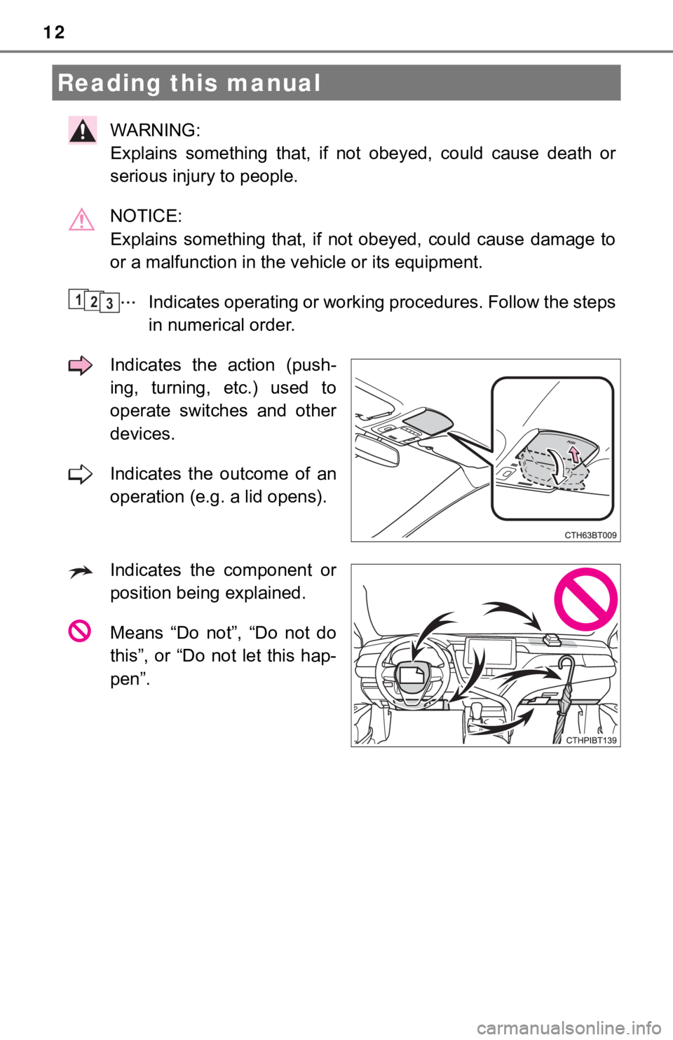 TOYOTA CAMRY HYBRID 2021 (in English) User Guide 12
WARNING:
Explains something that, if not obeyed, could cause death or
serious injury to people.
NOTICE:
Explains something that, if not obeyed, could cause damage to
or a malfunction TOYOTA CAMRY HYBRID 2021 (in English) User Guide 12
WARNING:
Explains something that, if not obeyed, could cause death or
serious injury to people.
NOTICE:
Explains something that, if not obeyed, could cause damage to
or a malfunction