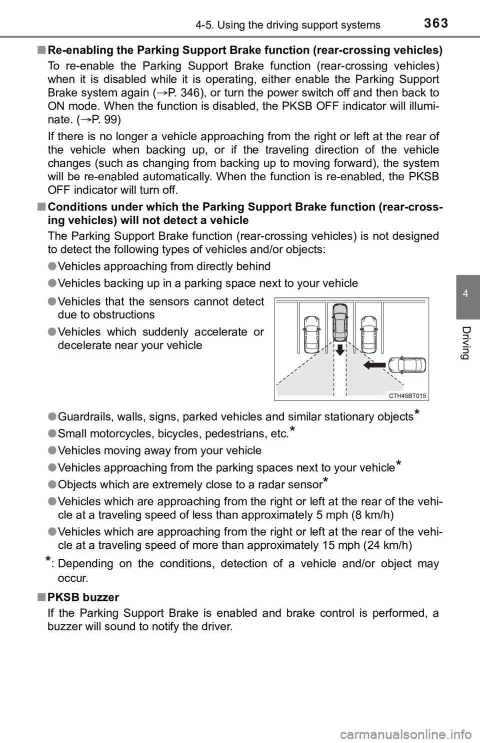 TOYOTA CAMRY HYBRID 2021  Owners Manual (in English) 3634-5. Using the driving support systems
4
Driving
■Re-enabling the Parking Suppor t Brake function (rear-crossing v ehicles)
To  re-enable  the  Parking  Support  Brake  function  (rear-crossing  
