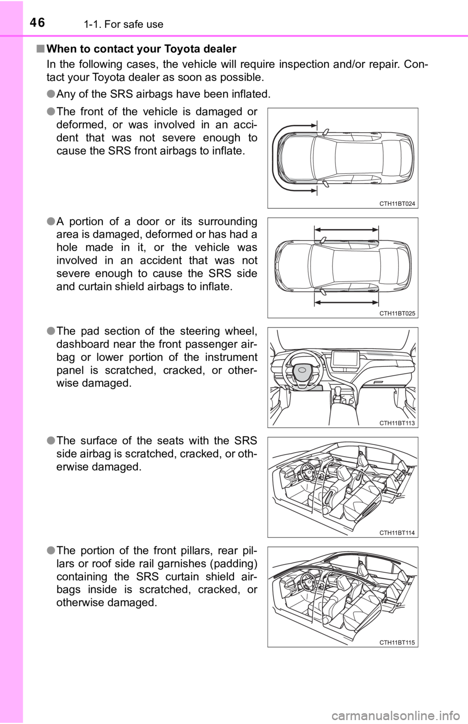 TOYOTA CAMRY HYBRID 2021  Owners Manual (in English) 461-1. For safe use
■When to contact your Toyota dealer
In  the  following  cases,  the  vehicle  will  require  inspection  and /or  repair.  Con-
tact your Toyota dealer as soon as possible. 
● 