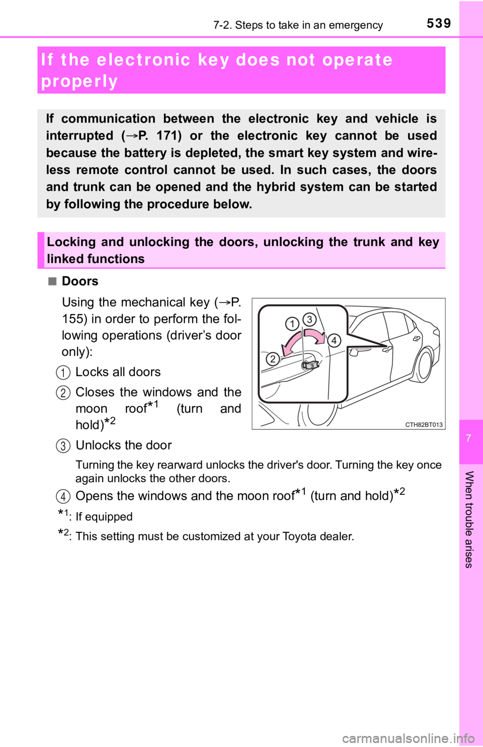 TOYOTA CAMRY HYBRID 2021  Owners Manual (in English) 5397-2. Steps to take in an emergency
7
When trouble arises
■Doors
Using  the  mechanical  key  (P.
155) in order to perform the fol-
lowing operations  (driver’s door
only):
Locks all doors
Cl