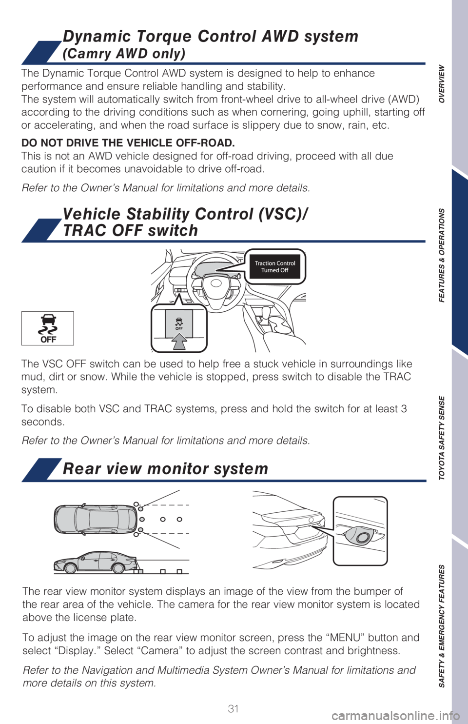 TOYOTA CAMRY HYBRID 2021   (in English) Owners Guide 31
OVERVIEW FEATURES & OPERATIONS TOYOTA SAFETY SENSE SAFETY & EMERGENCY FEATURES
Rear view monitor system
The rear view monitor system displays an image of the view from the bumper of 
the rear area 