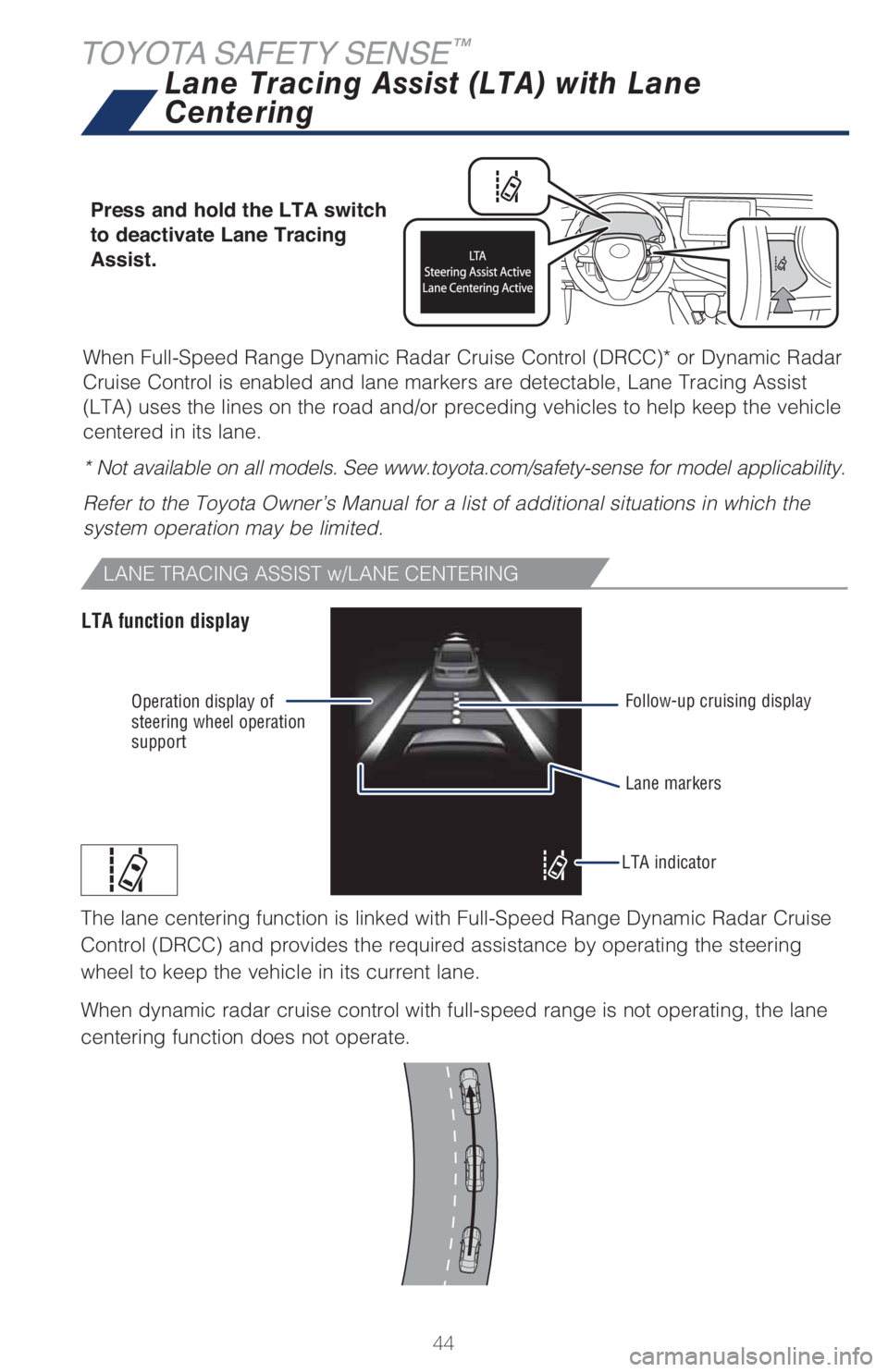 TOYOTA CAMRY HYBRID 2021   (in English) Service Manual 44
When Full-Speed Range Dynamic Radar Cruise Control (DRCC)* or Dynamic Radar 
Cruise Control is enabled and lane markers are detectable, Lane Tracing Assist 
(LTA) uses the lines on the road and/or 