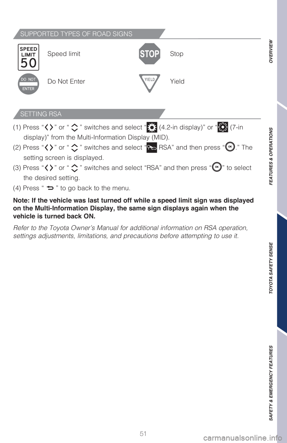 TOYOTA CAMRY HYBRID 2021   (in English) Workshop Manual 51
OVERVIEW FEATURES & OPERATIONS TOYOTA SAFETY SENSE SAFETY & EMERGENCY FEATURES
SUPPORTED TYPES OF ROAD SIGNS
SETTING RSA
Speed limit Stop
Do Not Enter Yield
(1) Press “
” or “” switches and