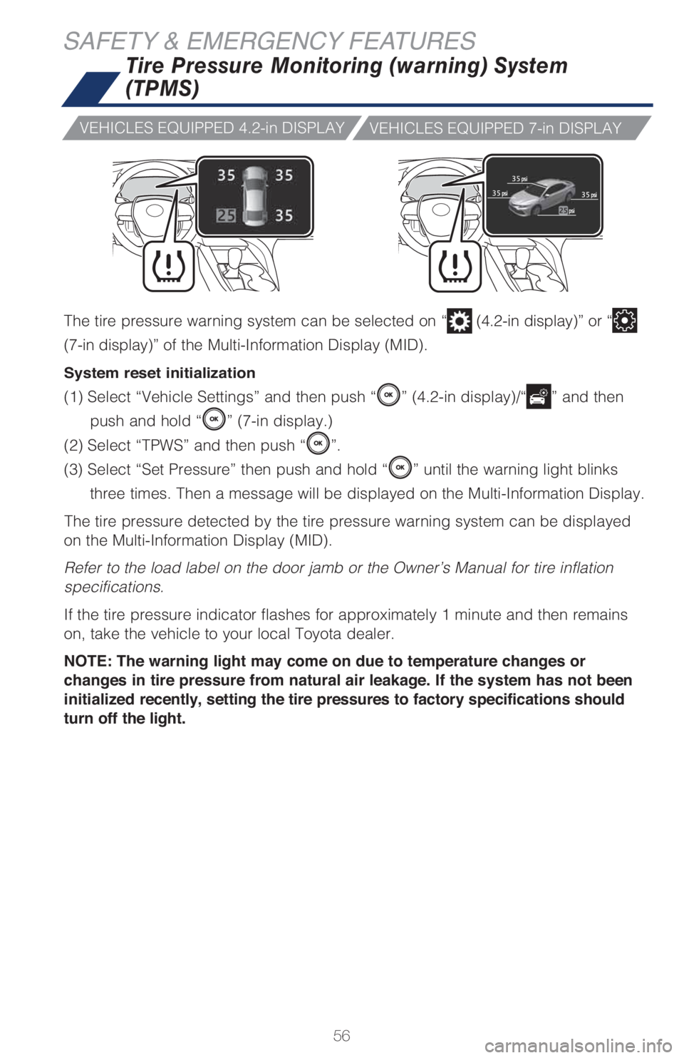 TOYOTA CAMRY HYBRID 2021 Owners Manual (in English) 56
SAFETY & EMERGENCY FEATURES
The tire pressure warning system can be selected on “ (4.2-in display)” or “
(7-in display)” of the Multi-Information Display (MID).
System reset initialization TOYOTA CAMRY HYBRID 2021 Owners Manual (in English) 56
SAFETY & EMERGENCY FEATURES
The tire pressure warning system can be selected on “ (4.2-in display)” or “
(7-in display)” of the Multi-Information Display (MID).
System reset initialization