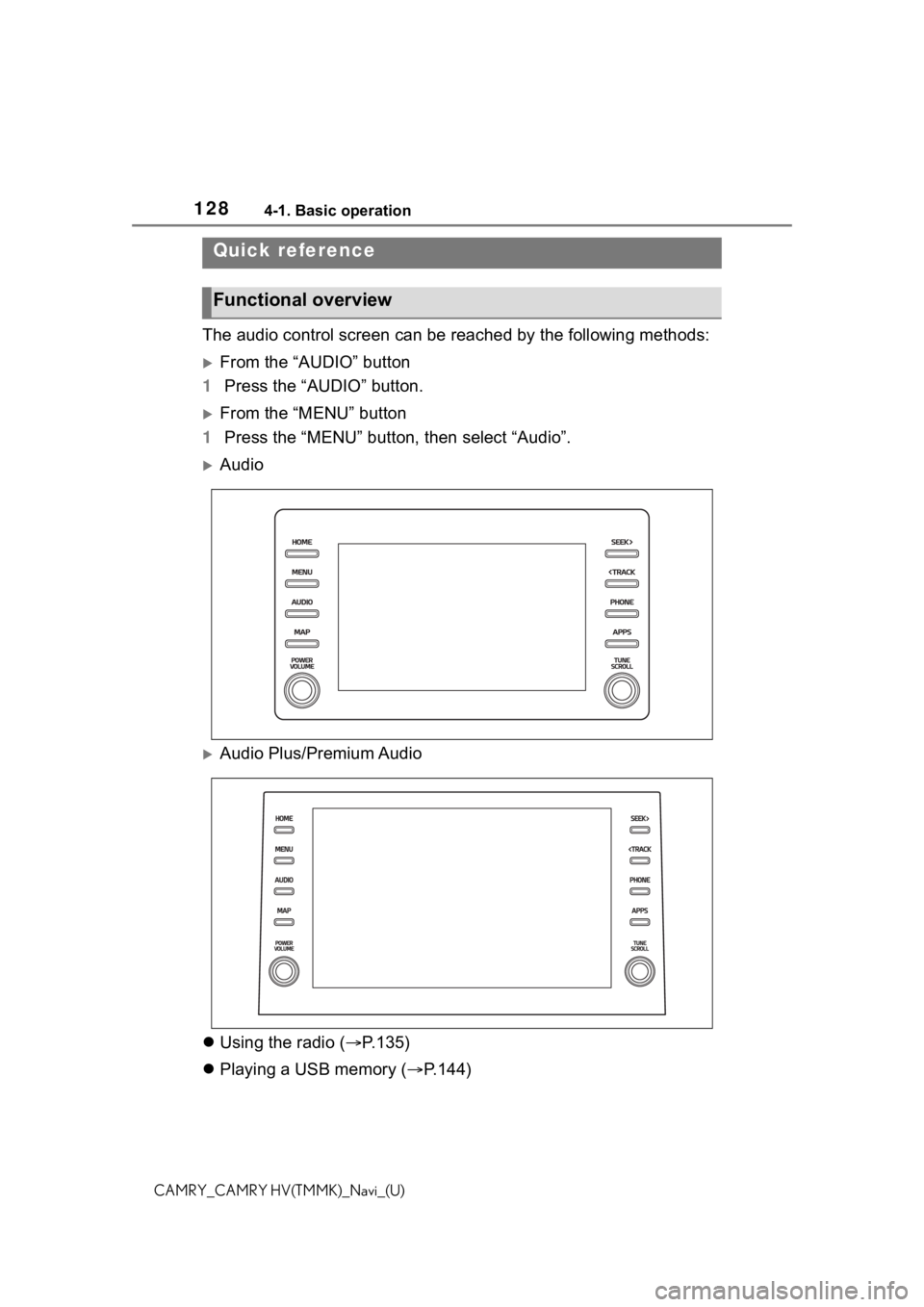 TOYOTA CAMRY HYBRID 2021 Accessories, Audio & Navigation (in English) 1284-1. Basic operation
CAMRY_CAMRY HV(TMMK)_Navi_(U)
4-1.Basic operation
The audio control screen can be reached by the following methods:
From the “AUDIO” button
1 Press the “AUDIO” butto TOYOTA CAMRY HYBRID 2021 Accessories, Audio & Navigation (in English) 1284-1. Basic operation
CAMRY_CAMRY HV(TMMK)_Navi_(U)
4-1.Basic operation
The audio control screen can be reached by the following methods:
From the “AUDIO” button
1 Press the “AUDIO” butto
