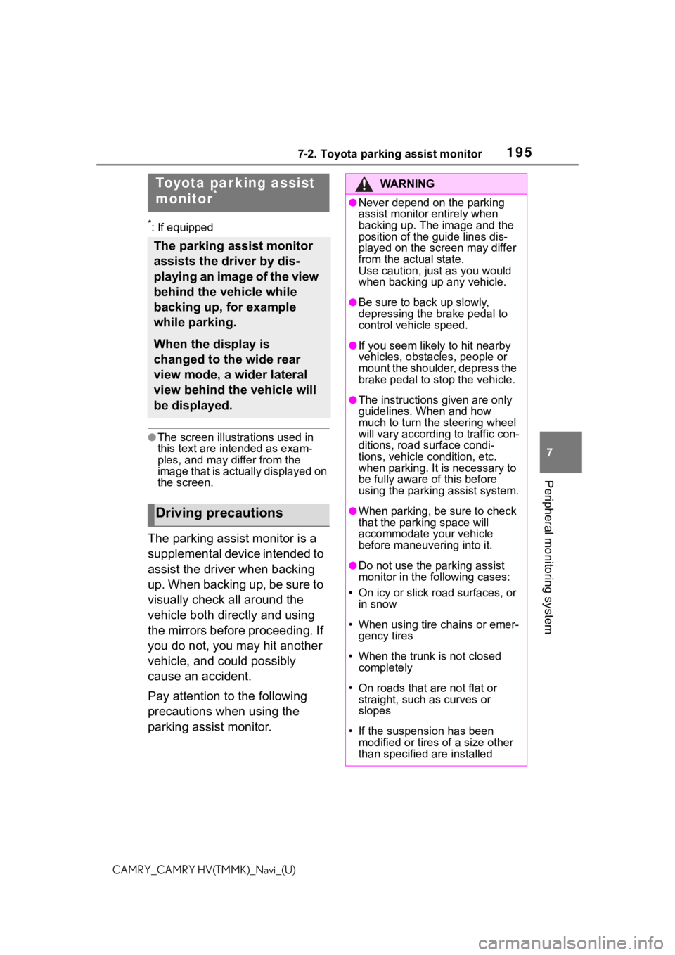 TOYOTA CAMRY HYBRID 2021  Accessories, Audio & Navigation (in English) 1957-2. Toyota parking assist monitor
7
Peripheral monitoring system
CAMRY_CAMRY HV(TMMK)_Navi_(U)
7-2.Toyota parking assist monitor
*: If equipped
●The screen illustrations used in 
this text are i