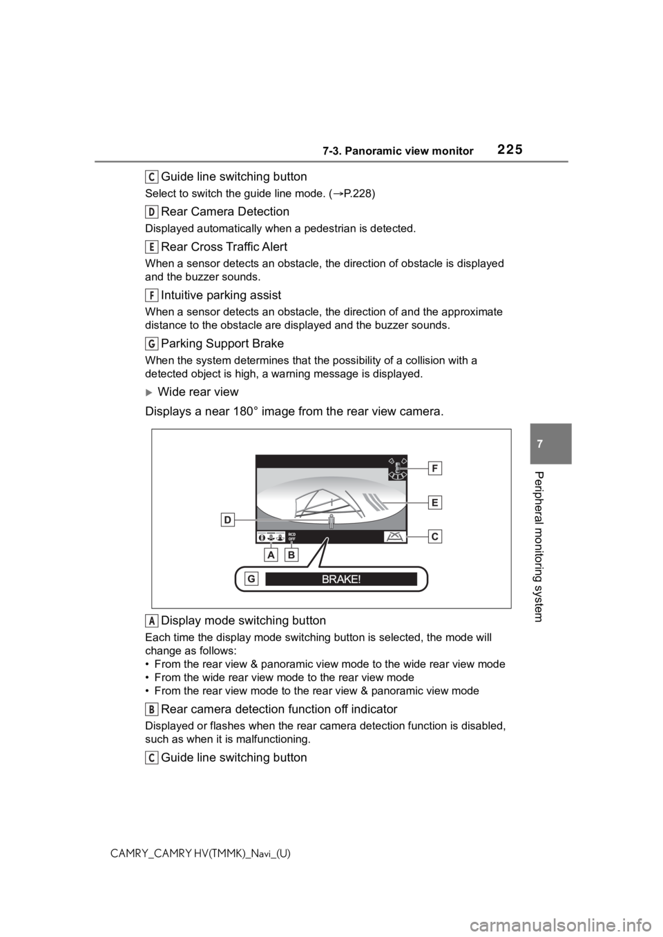 TOYOTA CAMRY HYBRID 2021 Accessories, Audio & Navigation (in English) 2257-3. Panoramic view monitor
7
Peripheral monitoring system
CAMRY_CAMRY HV(TMMK)_Navi_(U)
Guide line switching button
Select to switch the guide line mode. (P.228)
Rear Camera Detection
Displayed TOYOTA CAMRY HYBRID 2021 Accessories, Audio & Navigation (in English) 2257-3. Panoramic view monitor
7
Peripheral monitoring system
CAMRY_CAMRY HV(TMMK)_Navi_(U)
Guide line switching button
Select to switch the guide line mode. (P.228)
Rear Camera Detection
Displayed