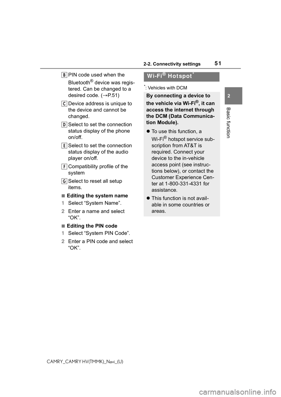 TOYOTA CAMRY HYBRID 2021  Accessories, Audio & Navigation (in English) 512-2. Connectivity settings
2
Basic function
CAMRY_CAMRY HV(TMMK)_Navi_(U)
PIN code used when the 
Bluetooth
® device was regis-
tered. Can be changed to a 
desired code. ( P.51)
Device address i