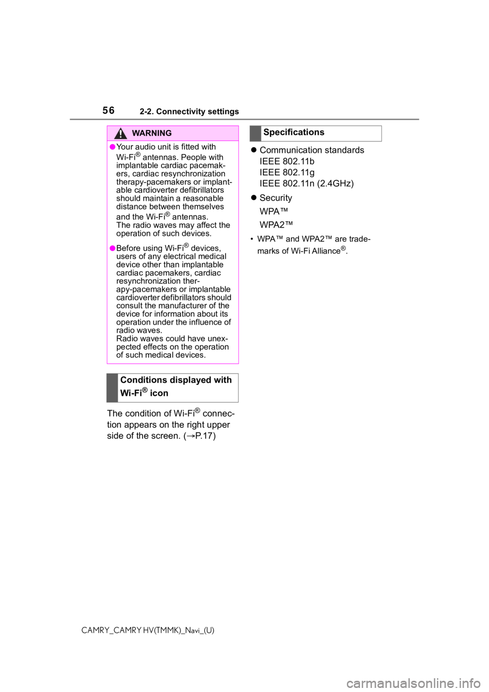 TOYOTA CAMRY HYBRID 2021  Accessories, Audio & Navigation (in English) 562-2. Connectivity settings
CAMRY_CAMRY HV(TMMK)_Navi_(U)
The condition of Wi-Fi® connec-
tion appears on the right upper 
side of the screen. ( P. 1 7 ) 
Communication standards
IEEE 802.11b
