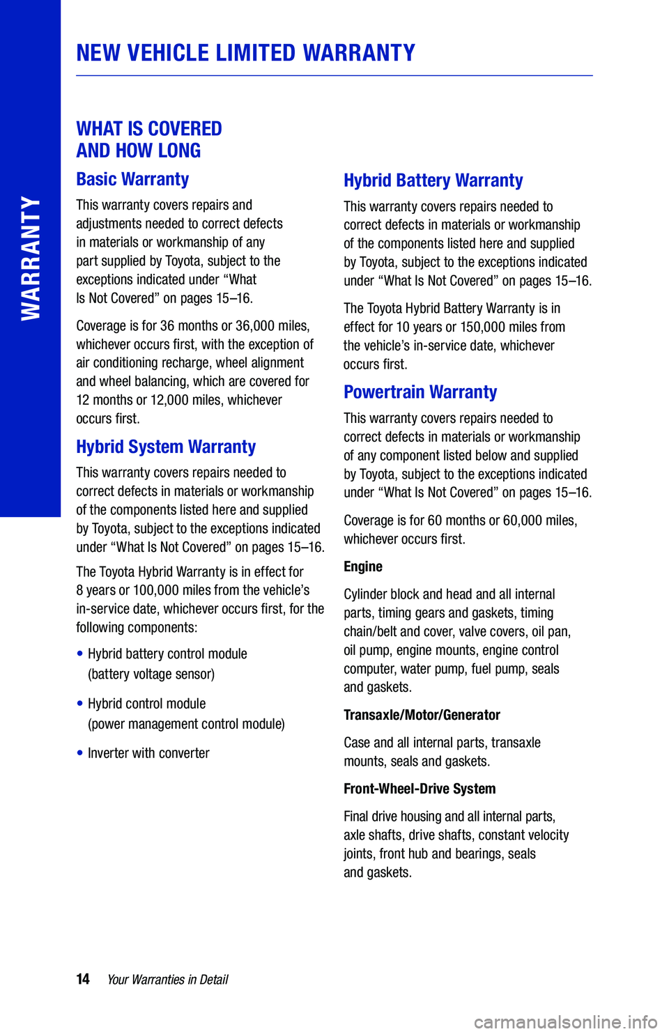 TOYOTA CAMRY HYBRID 2021 Warranties & Maintenance Guides (in English) NEW VEHICLE LIMITED WARRANTY
WHAT IS COVERED
AND HOW LONG
Basic Warranty
64436_19-TCS-14194_TXT.indd 1464436_19-TCS-14194_TXT.indd 148/20/20 2:56 PM8/20/20 2:56 PM TOYOTA CAMRY HYBRID 2021 Warranties & Maintenance Guides (in English) NEW VEHICLE LIMITED WARRANTY
WHAT IS COVERED
AND HOW LONG
Basic Warranty
64436_19-TCS-14194_TXT.indd 1464436_19-TCS-14194_TXT.indd 148/20/20 2:56 PM8/20/20 2:56 PM
