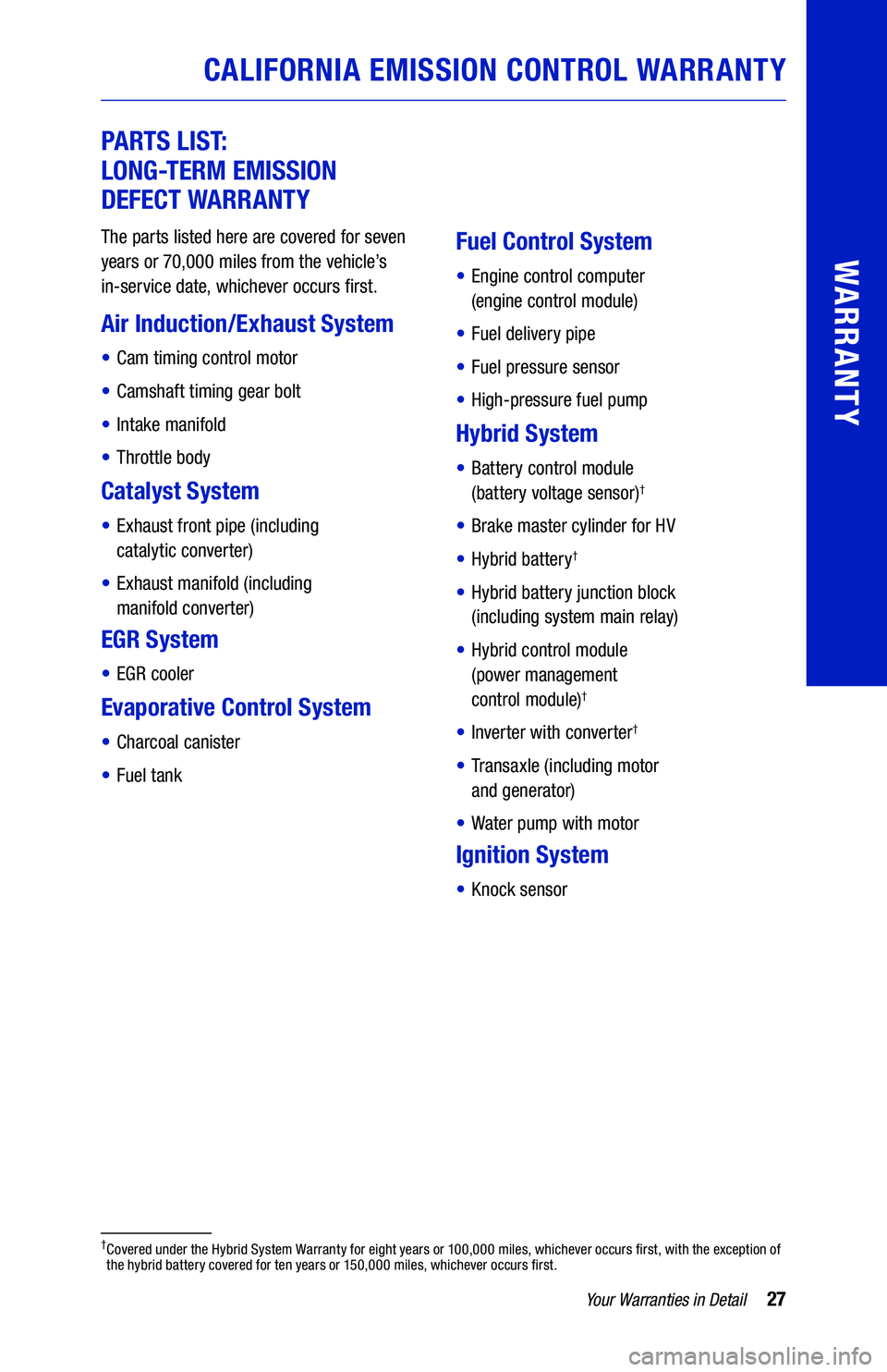 TOYOTA CAMRY HYBRID 2021 Warranties & Maintenance Guides (in English) CALIFORNIA EMISSION CONTROL WARRANTY
PARTS LIST:
LONG-TERM EMISSION
DEFECT WARRANTY
64436_19-TCS-14194_TXT.indd 2764436_19-TCS-14194_TXT.indd 278/20/20 2:56 PM8/20/20 2:56 PM TOYOTA CAMRY HYBRID 2021 Warranties & Maintenance Guides (in English) CALIFORNIA EMISSION CONTROL WARRANTY
PARTS LIST:
LONG-TERM EMISSION
DEFECT WARRANTY
64436_19-TCS-14194_TXT.indd 2764436_19-TCS-14194_TXT.indd 278/20/20 2:56 PM8/20/20 2:56 PM