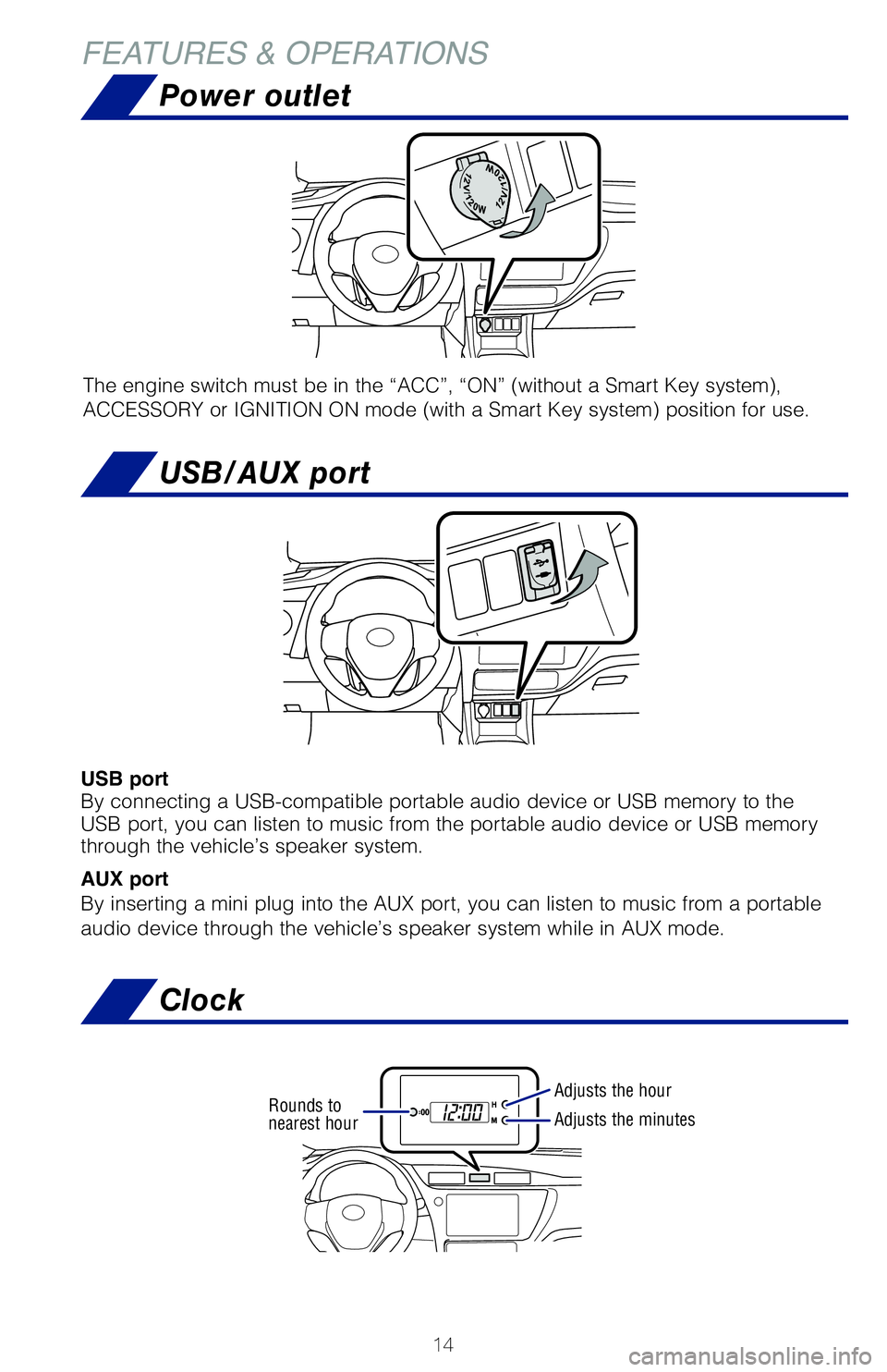 TOYOTA COROLLA 2018 (in English) User Guide 14
FEATURES & OPERATIONS
USB port
By connecting a USB-compatible portable audio device or USB memory to th\
e
USB port, you can listen to music from the portable audio device or USB \
memory
through TOYOTA COROLLA 2018 (in English) User Guide 14
FEATURES & OPERATIONS
USB port
By connecting a USB-compatible portable audio device or USB memory to th\
e
USB port, you can listen to music from the portable audio device or USB \
memory
through