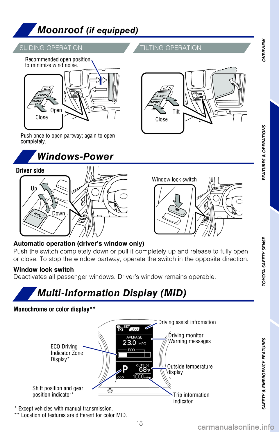 TOYOTA COROLLA 2018 (in English) User Guide 15
OVERVIEW
FEATURES & OPERATIONS
TOYOTA SAFETY SENSE
SAFETY & EMERGENCY FEATURES
Moonroof (if equipped)
Multi-Information Display (MID)
USB port
By connecting a USB-compatible portable audio device o TOYOTA COROLLA 2018 (in English) User Guide 15
OVERVIEW
FEATURES & OPERATIONS
TOYOTA SAFETY SENSE
SAFETY & EMERGENCY FEATURES
Moonroof (if equipped)
Multi-Information Display (MID)
USB port
By connecting a USB-compatible portable audio device o