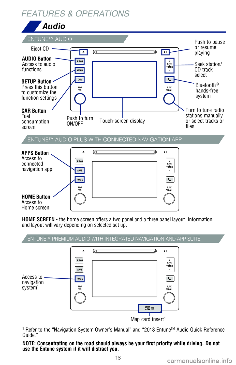 TOYOTA COROLLA 2018 (in English) User Guide 18
FEATURES & OPERATIONS
ENTUNE™ AUDIO
ENTUNE™ AUDIO PLUS WITH CONNECTED NAVIGATION APP
ENTUNE™ PREMIUM AUDIO WITH INTEGRATED NAVIGATION AND APP SUITE
Bluetooth®
hands-free
system
AUDIO Butto TOYOTA COROLLA 2018 (in English) User Guide 18
FEATURES & OPERATIONS
ENTUNE™ AUDIO
ENTUNE™ AUDIO PLUS WITH CONNECTED NAVIGATION APP
ENTUNE™ PREMIUM AUDIO WITH INTEGRATED NAVIGATION AND APP SUITE
Bluetooth®
hands-free
system
AUDIO Butto