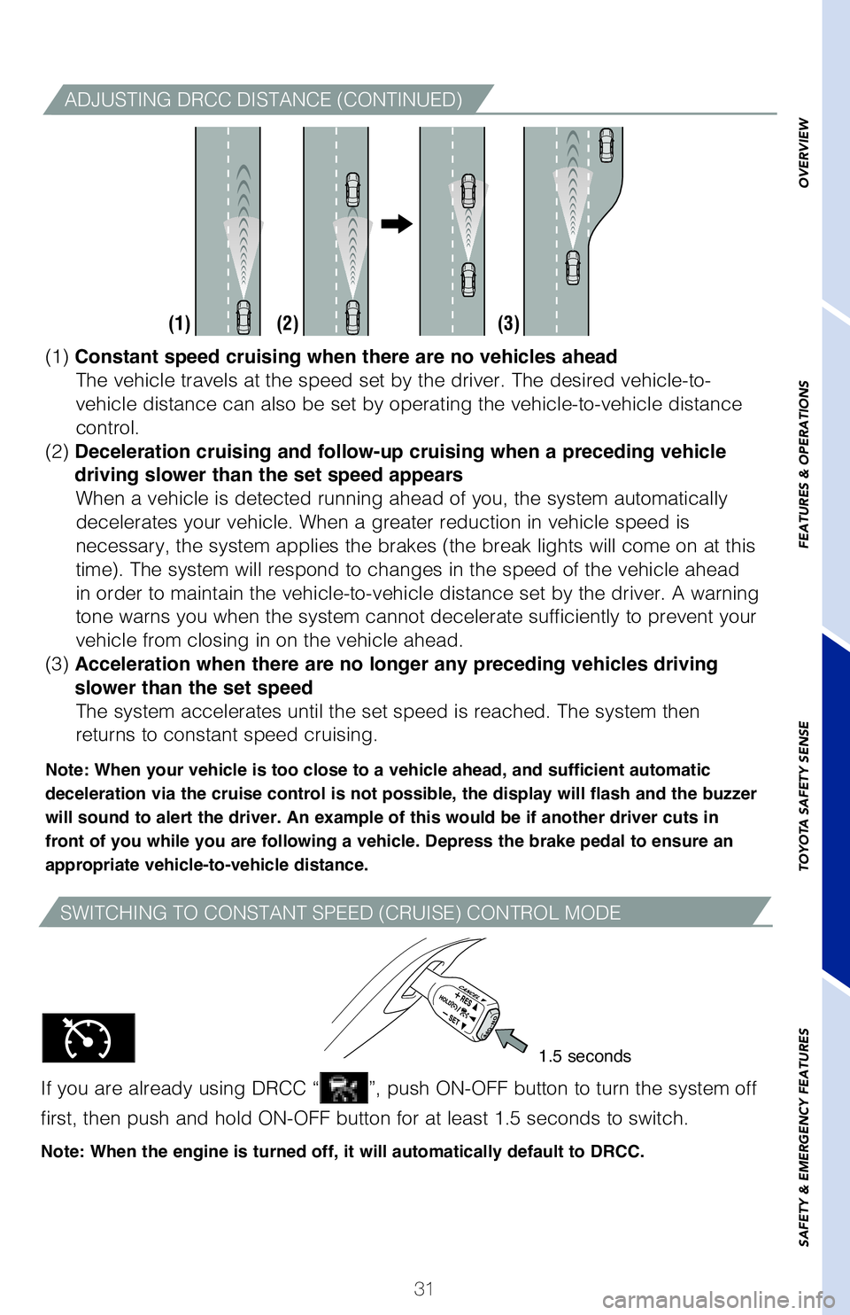 TOYOTA COROLLA 2018 Owners Manual (in English) 31
OVERVIEW
FEATURES & OPERATIONS
TOYOTA SAFETY SENSE
SAFETY & EMERGENCY FEATURES
SWITCHING TO CONSTANT SPEED (CRUISE) CONTROL MODE
If you are already using DRCC “”, push ON-OFF button to turn the TOYOTA COROLLA 2018 Owners Manual (in English) 31
OVERVIEW
FEATURES & OPERATIONS
TOYOTA SAFETY SENSE
SAFETY & EMERGENCY FEATURES
SWITCHING TO CONSTANT SPEED (CRUISE) CONTROL MODE
If you are already using DRCC “”, push ON-OFF button to turn the