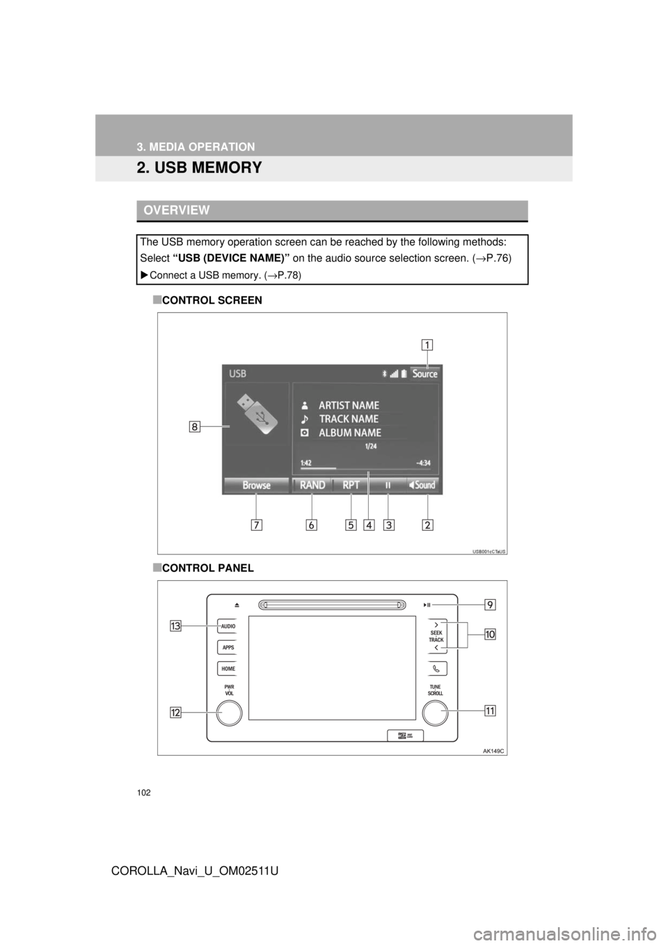 TOYOTA COROLLA 2018  Accessories, Audio & Navigation (in English) 102
3. MEDIA OPERATION
COROLLA_Navi_U_OM02511U
2. USB MEMORY
■CONTROL SCREEN
■CONTROL PANEL
OVERVIEW
The USB memory operation screen can be reached by the following methods:
Select “USB (DEVICE 