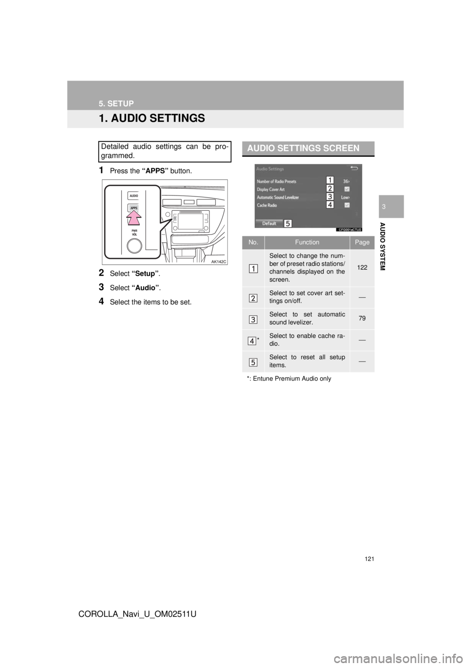 TOYOTA COROLLA 2018  Accessories, Audio & Navigation (in English) 121
COROLLA_Navi_U_OM02511U
AUDIO SYSTEM
3
5. SETUP
1. AUDIO SETTINGS
1Press the “APPS” button.
2Select “Setup” .
3Select “Audio” .
4Select the items to be set.
Detailed audio settings can