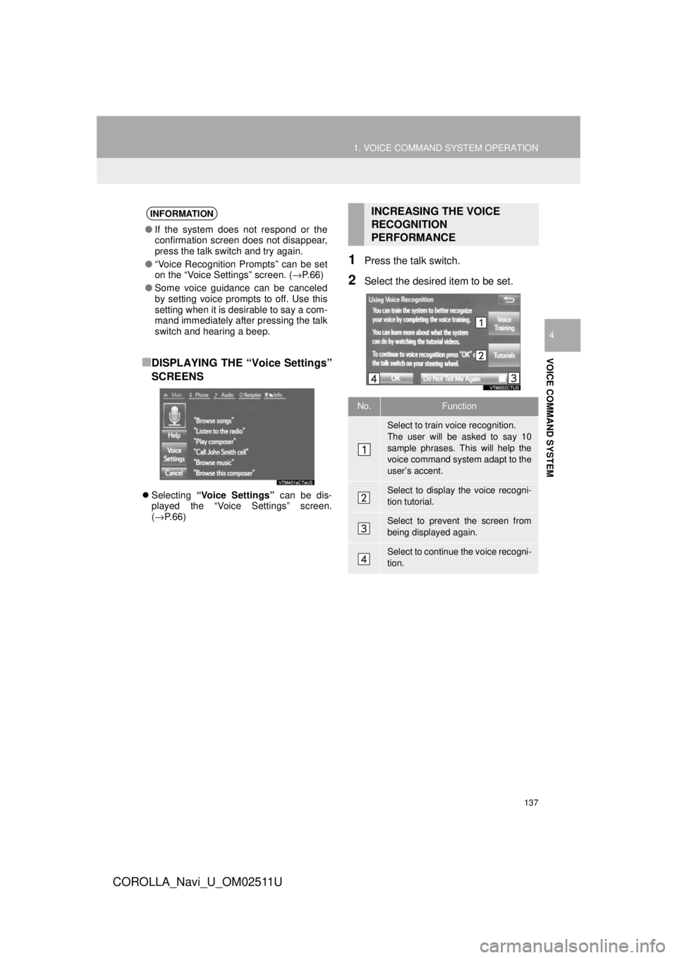 TOYOTA COROLLA 2018 Accessories, Audio & Navigation (in English) 137
1. VOICE COMMAND SYSTEM OPERATION
COROLLA_Navi_U_OM02511U
VOICE COMMAND SYSTEM
4
■DISPLAYING THE “Voice Settings”
SCREENS
Selecting “Voice Settings” can be dis-
played the “Voice TOYOTA COROLLA 2018 Accessories, Audio & Navigation (in English) 137
1. VOICE COMMAND SYSTEM OPERATION
COROLLA_Navi_U_OM02511U
VOICE COMMAND SYSTEM
4
■DISPLAYING THE “Voice Settings”
SCREENS
Selecting “Voice Settings” can be dis-
played the “Voice
