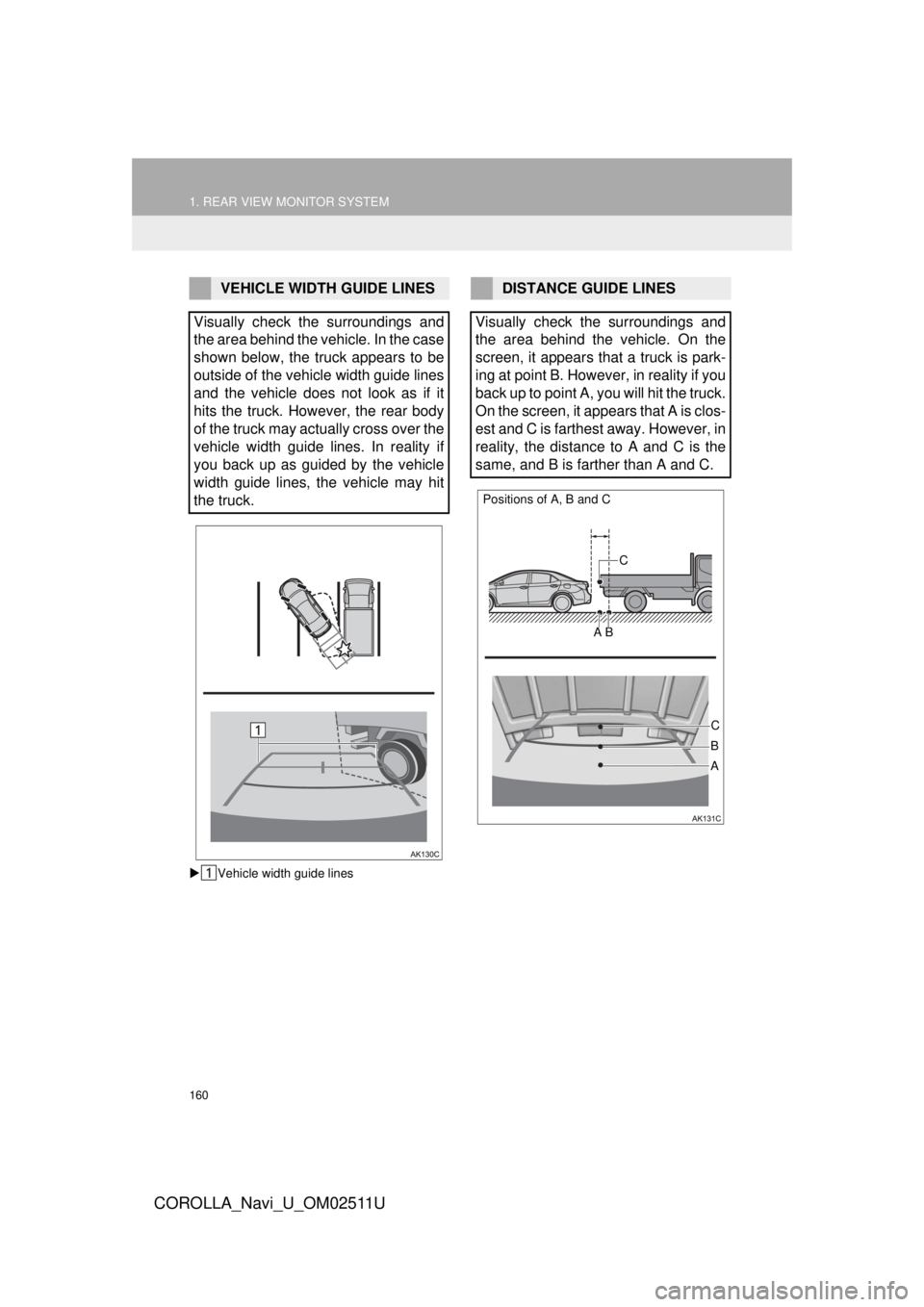 TOYOTA COROLLA 2018  Accessories, Audio & Navigation (in English) 160
1. REAR VIEW MONITOR SYSTEM
COROLLA_Navi_U_OM02511U
Vehicle width guide lines
VEHICLE WIDTH GUIDE LINES
Visually check the surroundings and
the area behind the vehicle. In the case
shown below,