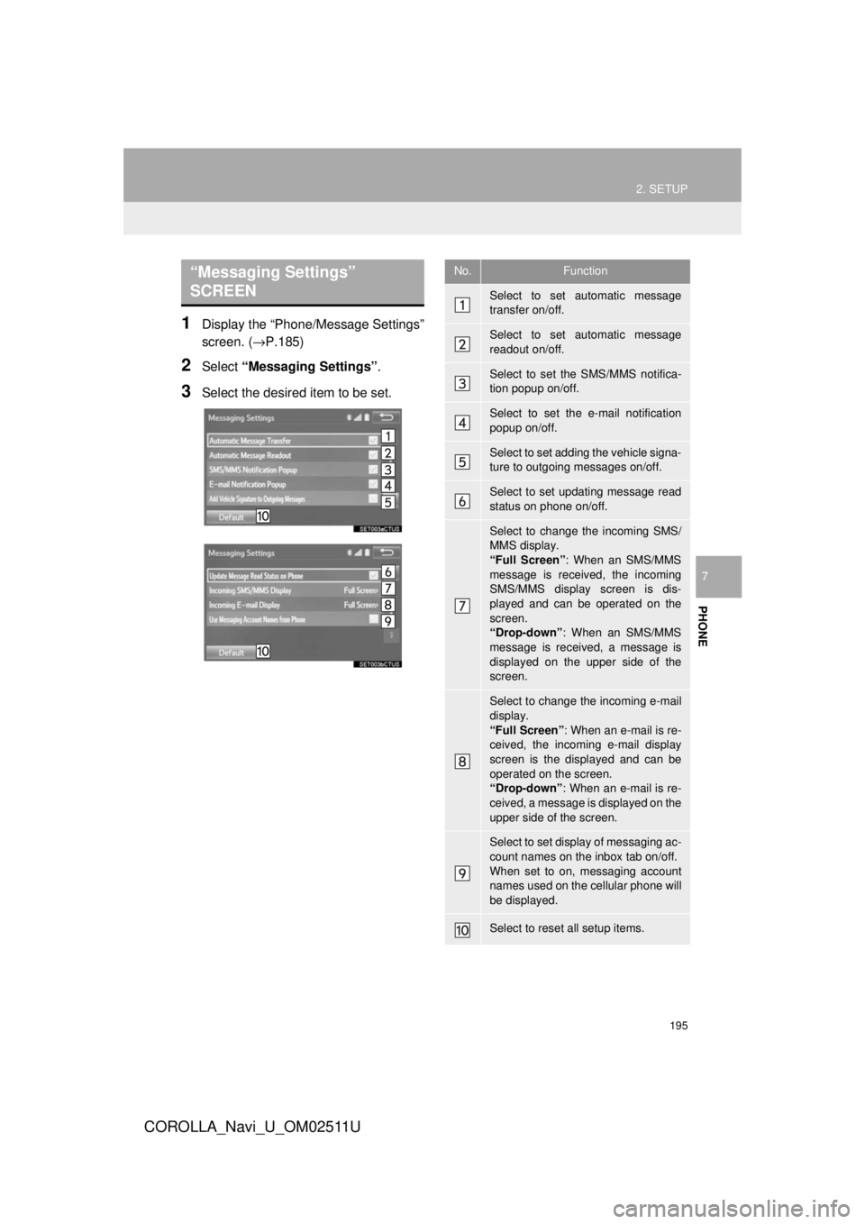 TOYOTA COROLLA 2018 Accessories, Audio & Navigation (in English) 195
2. SETUP
COROLLA_Navi_U_OM02511U
PHONE
7
1Display the “Phone/Message Settings”
screen. (→P.185)
2Select “Messaging Settings” .
3Select the desired item to be set.
“Messaging Settings TOYOTA COROLLA 2018 Accessories, Audio & Navigation (in English) 195
2. SETUP
COROLLA_Navi_U_OM02511U
PHONE
7
1Display the “Phone/Message Settings”
screen. (→P.185)
2Select “Messaging Settings” .
3Select the desired item to be set.
“Messaging Settings
