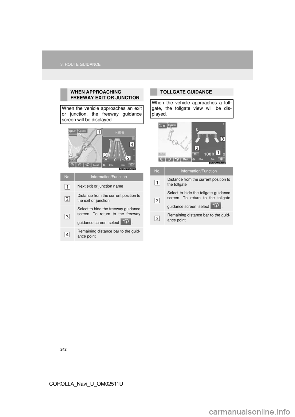 TOYOTA COROLLA 2018  Accessories, Audio & Navigation (in English) 242
3. ROUTE GUIDANCE
COROLLA_Navi_U_OM02511U
WHEN APPROACHING 
FREEWAY EXIT OR JUNCTION
When the vehicle approaches an exit
or junction, the freeway guidance
screen will be displayed.
No.Information/ TOYOTA COROLLA 2018  Accessories, Audio & Navigation (in English) 242
3. ROUTE GUIDANCE
COROLLA_Navi_U_OM02511U
WHEN APPROACHING 
FREEWAY EXIT OR JUNCTION
When the vehicle approaches an exit
or junction, the freeway guidance
screen will be displayed.
No.Information/