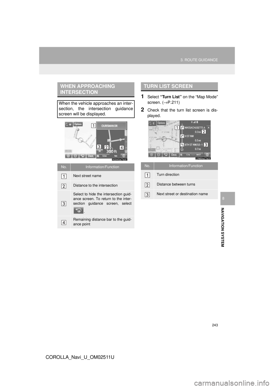 TOYOTA COROLLA 2018  Accessories, Audio & Navigation (in English) 243
3. ROUTE GUIDANCE
COROLLA_Navi_U_OM02511U
NAVIGATION SYSTEM
8
1Select “Turn List”  on the “Map Mode”
screen. ( →P.211)
2Check that the turn list screen is dis-
played.
WHEN APPROACHING 
