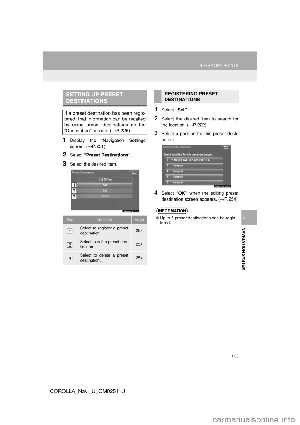 TOYOTA COROLLA 2018  Accessories, Audio & Navigation (in English) 253
4. MEMORY POINTS
COROLLA_Navi_U_OM02511U
NAVIGATION SYSTEM
8
1Display the “Navigation Settings”
screen. (→P.251)
2Select “Preset Destinations” .
3Select the desired item.
1Select “Set