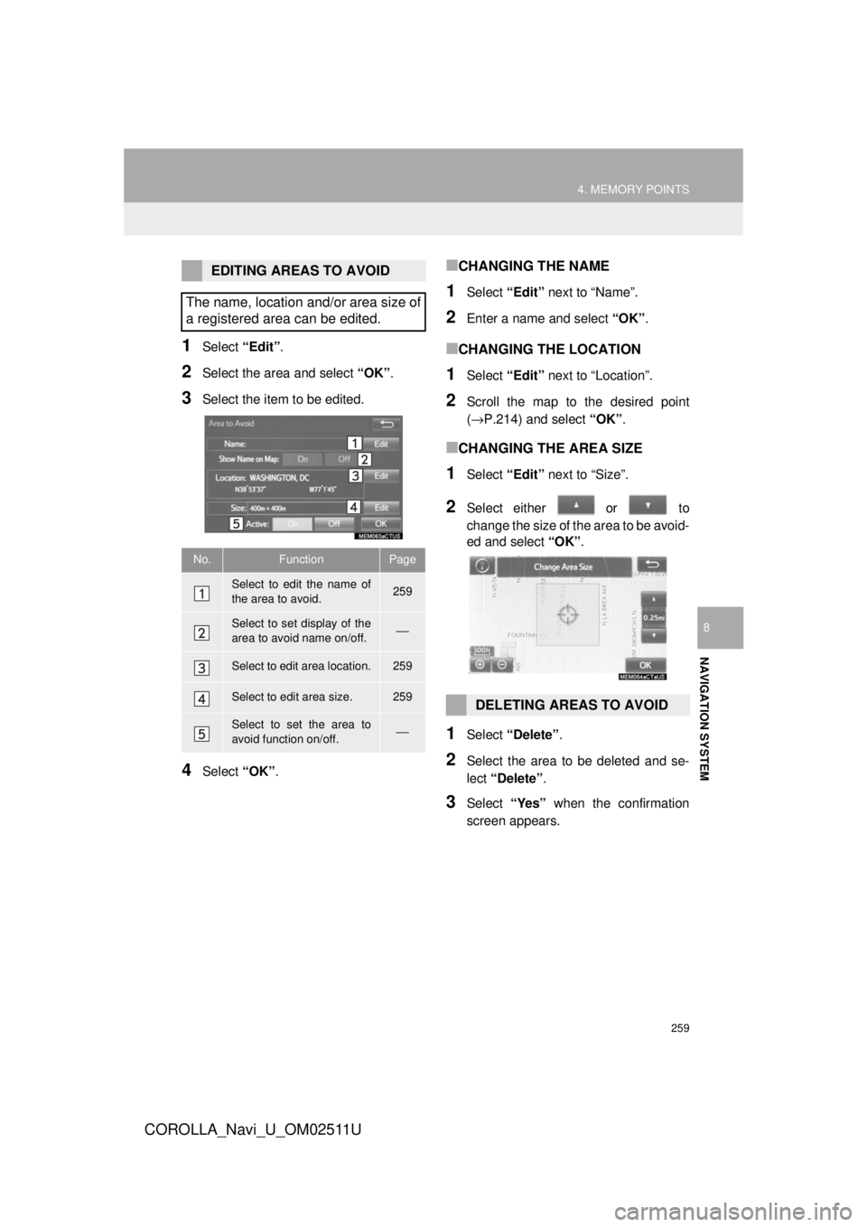 TOYOTA COROLLA 2018  Accessories, Audio & Navigation (in English) 259
4. MEMORY POINTS
COROLLA_Navi_U_OM02511U
NAVIGATION SYSTEM
8
1Select “Edit”.
2Select the area and select  “OK”.
3Select the item to be edited.
4Select  “OK”.
■CHANGING THE NAME
1Sele