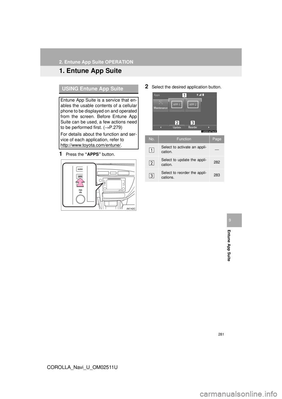 TOYOTA COROLLA 2018  Accessories, Audio & Navigation (in English) 281
COROLLA_Navi_U_OM02511U
Entune App Suite
9
2. Entune App Suite OPERATION
1. Entune App Suite
1Press the “APPS” button.
2Select the desired application button.USING Entune App Suite
Entune App  TOYOTA COROLLA 2018  Accessories, Audio & Navigation (in English) 281
COROLLA_Navi_U_OM02511U
Entune App Suite
9
2. Entune App Suite OPERATION
1. Entune App Suite
1Press the “APPS” button.
2Select the desired application button.USING Entune App Suite
Entune App