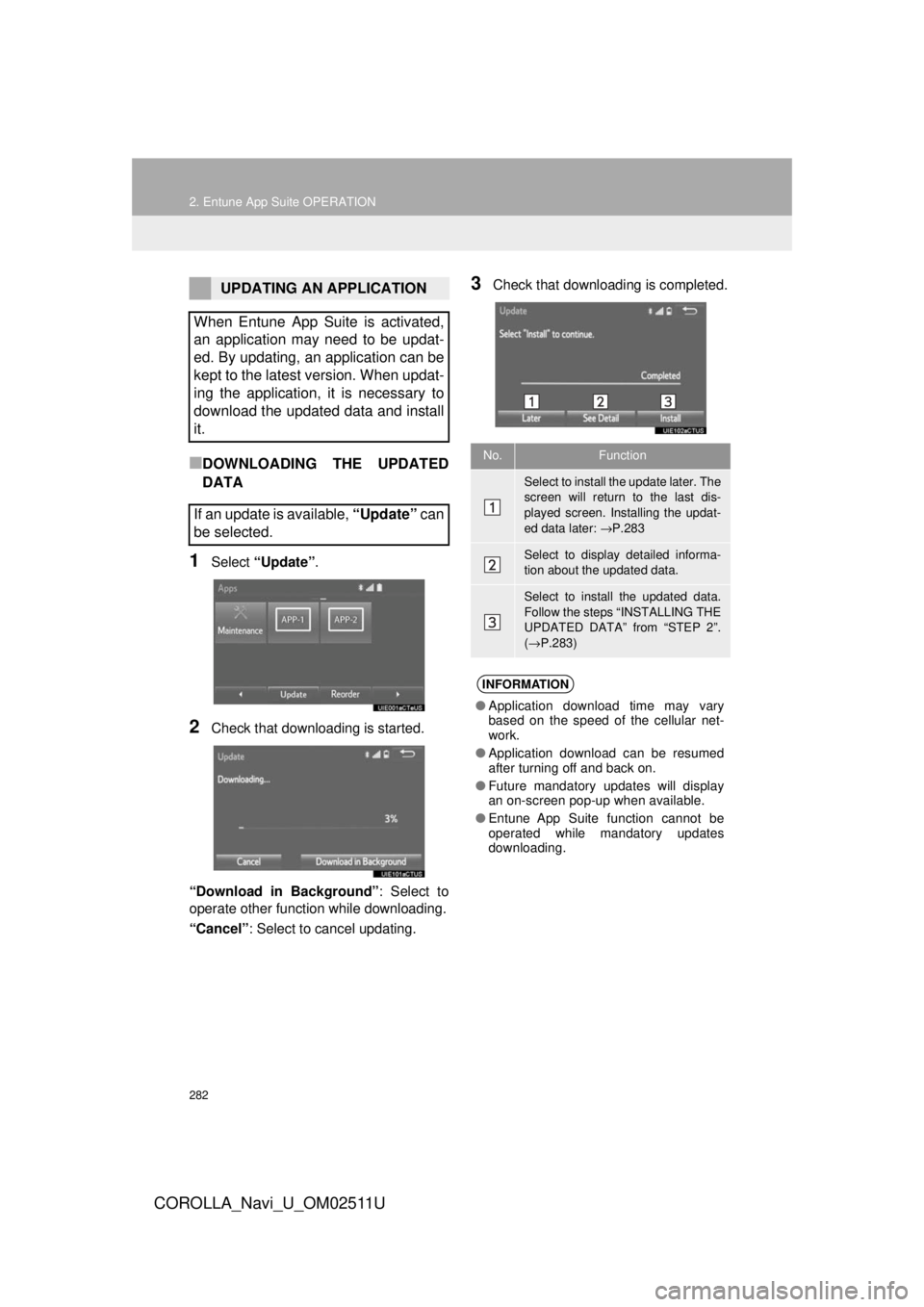 TOYOTA COROLLA 2018  Accessories, Audio & Navigation (in English) 282
2. Entune App Suite OPERATION
COROLLA_Navi_U_OM02511U
■DOWNLOADING THE UPDATED
DATA
1Select “Update” .
2Check that downloading is started.
“Download in Background” : Select to
operate ot TOYOTA COROLLA 2018  Accessories, Audio & Navigation (in English) 282
2. Entune App Suite OPERATION
COROLLA_Navi_U_OM02511U
■DOWNLOADING THE UPDATED
DATA
1Select “Update” .
2Check that downloading is started.
“Download in Background” : Select to
operate ot