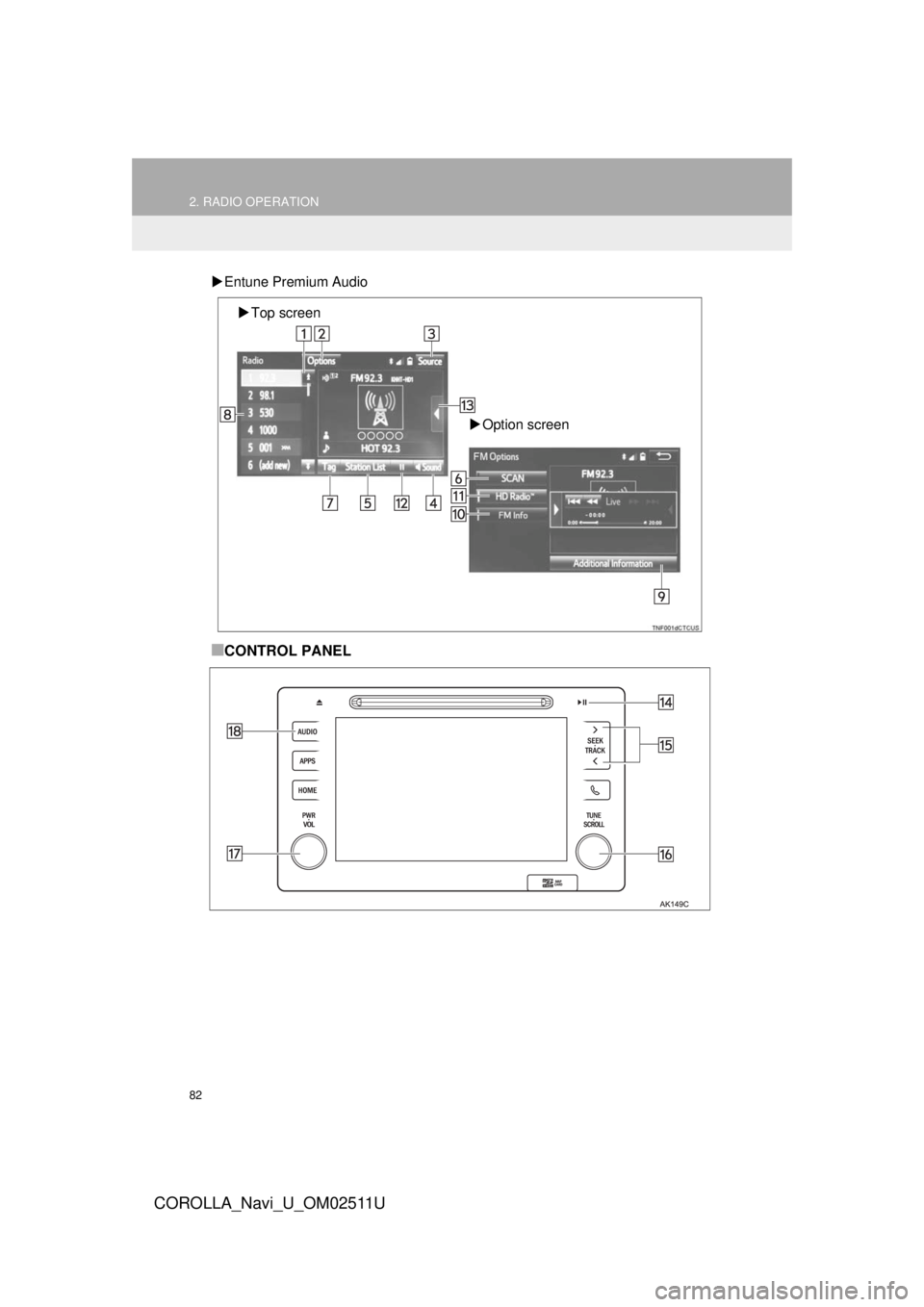 TOYOTA COROLLA 2018 Accessories, Audio & Navigation (in English) 82
2. RADIO OPERATION
COROLLA_Navi_U_OM02511U
Entune Premium Audio
■CONTROL PANEL
Top screen
Option screen TOYOTA COROLLA 2018 Accessories, Audio & Navigation (in English) 82
2. RADIO OPERATION
COROLLA_Navi_U_OM02511U
Entune Premium Audio
■CONTROL PANEL
Top screen
Option screen