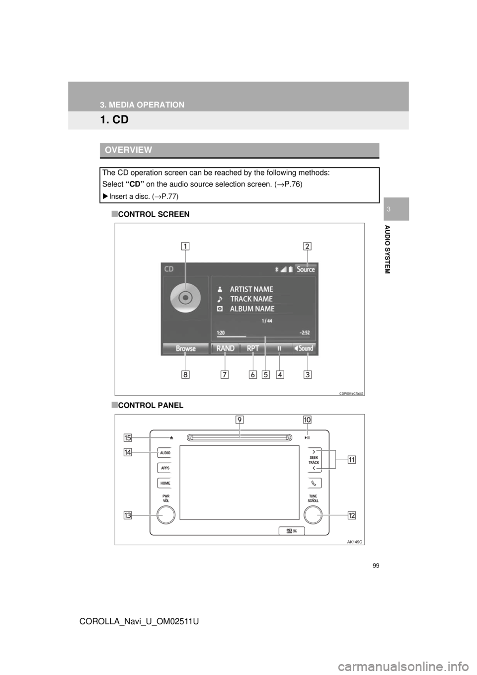 TOYOTA COROLLA 2018 Accessories, Audio & Navigation (in English) 99
COROLLA_Navi_U_OM02511U
AUDIO SYSTEM
3
3. MEDIA OPERATION
1. CD
■CONTROL SCREEN
■CONTROL PANEL
OVERVIEW
The CD operation screen can be reached by the following methods:
Select “CD” on the a TOYOTA COROLLA 2018 Accessories, Audio & Navigation (in English) 99
COROLLA_Navi_U_OM02511U
AUDIO SYSTEM
3
3. MEDIA OPERATION
1. CD
■CONTROL SCREEN
■CONTROL PANEL
OVERVIEW
The CD operation screen can be reached by the following methods:
Select “CD” on the a