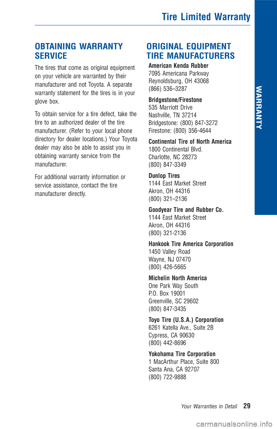 TOYOTA COROLLA 2018 Warranties & Maintenance Guides (in English) OBTAINING WARRANTY
SERVICE
The tires that come as original equipment
on your vehicle are warranted by their
manufacturer and not Toyota. A separate
warranty statement for the tires is in your
glove bo TOYOTA COROLLA 2018 Warranties & Maintenance Guides (in English) OBTAINING WARRANTY
SERVICE
The tires that come as original equipment
on your vehicle are warranted by their
manufacturer and not Toyota. A separate
warranty statement for the tires is in your
glove bo