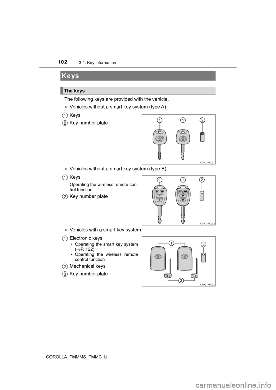 TOYOTA COROLLA 2019 Owners Manual (in English) 102
COROLLA_TMMMS_TMMC_U
3-1. Key information
The following keys are provided with the vehicle.
Vehicles without a smart key system (type A)
Keys
Key number plate
Vehicles without a smart key sy TOYOTA COROLLA 2019 Owners Manual (in English) 102
COROLLA_TMMMS_TMMC_U
3-1. Key information
The following keys are provided with the vehicle.
Vehicles without a smart key system (type A)
Keys
Key number plate
Vehicles without a smart key sy