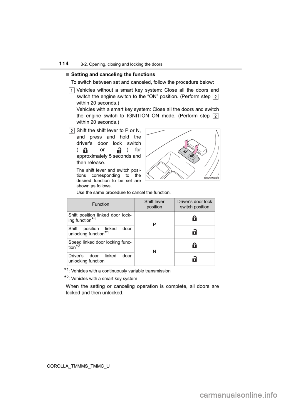 TOYOTA COROLLA 2019  Owners Manual (in English) 1143-2. Opening, closing and locking the doors
COROLLA_TMMMS_TMMC_U■
Setting and cance
ling the functions
To switch between set and cancel ed, follow the procedure below:
Vehicles  without  a  smart